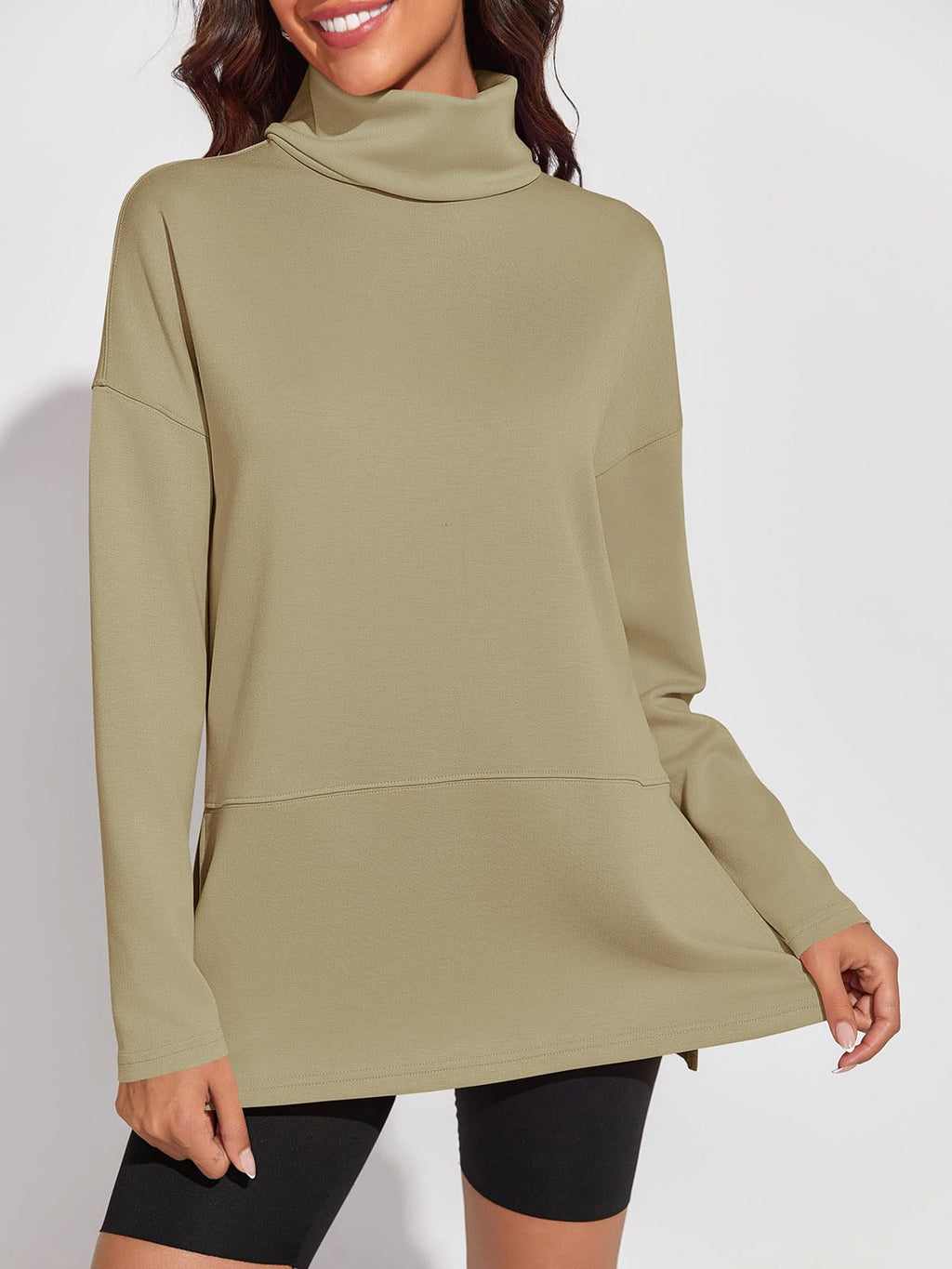 Fisoew Women's Turtleneck Oversized Sweatshirt Casual Long Sleeve Loose Side Slit Pullovers Tunic Tops