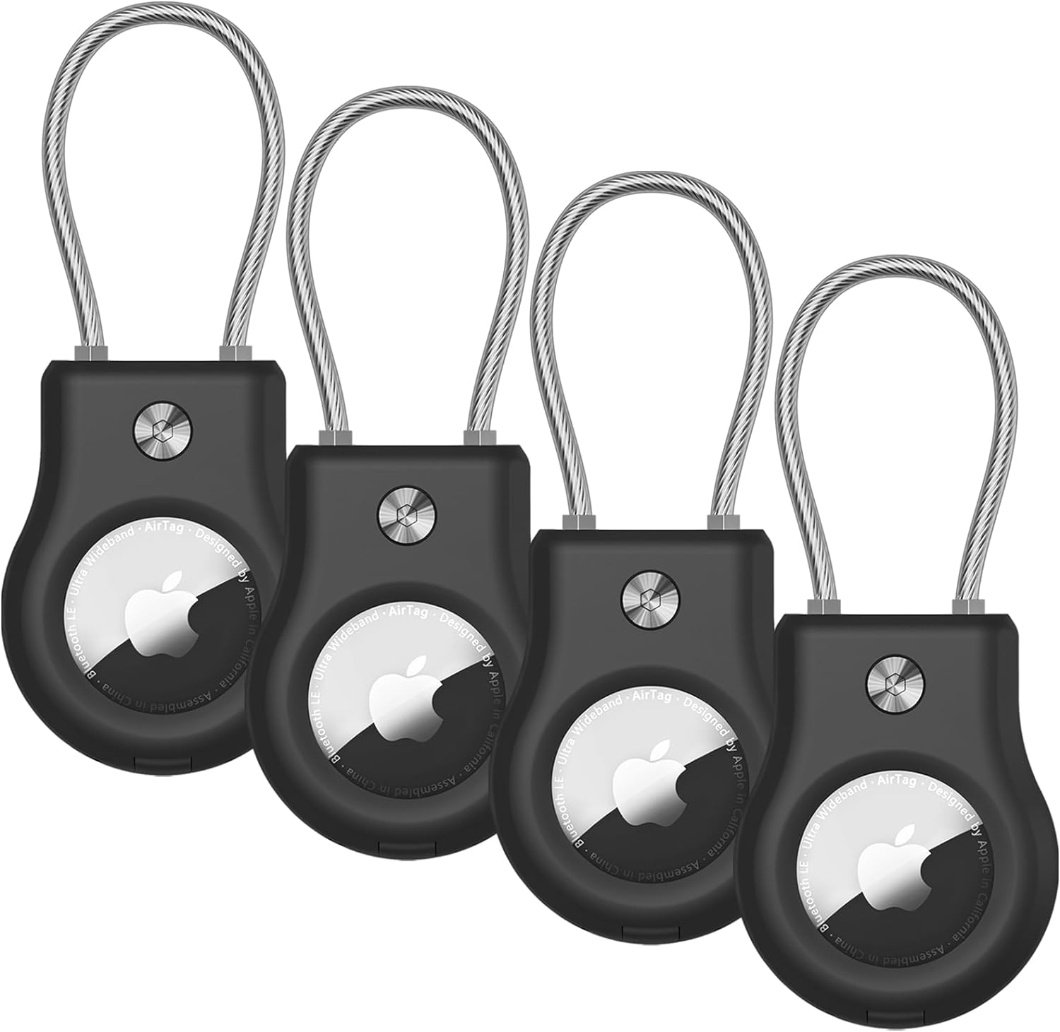 AirTag Holder 4 Pack - Air tag Lock Case with Wire Cable Compatible with Apple AirTags, Ultra Durable Anti-Lost Protective Case with Keyring for Luggage, Key, Backpack, Pet（Black）