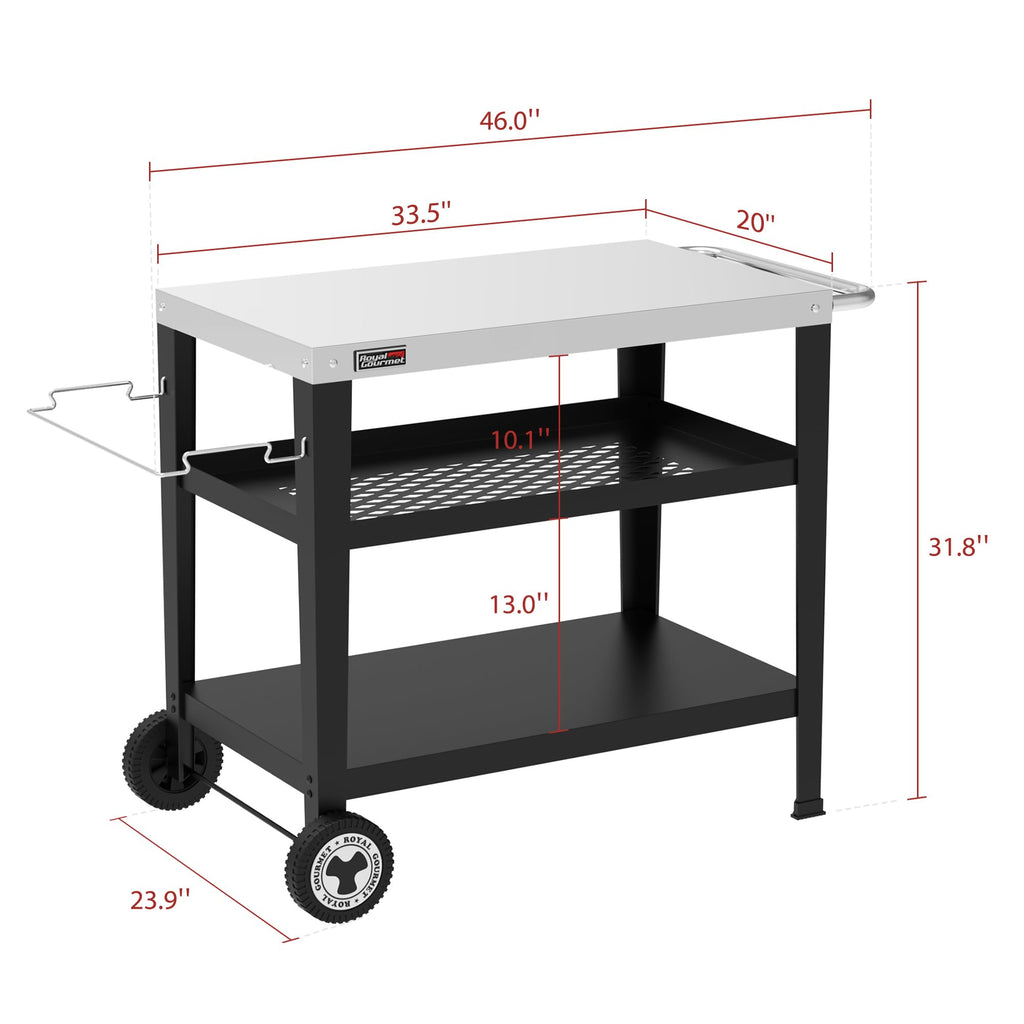Royal Gourmet PC3404S Rolling Dining Table with Trash Bag Holder, Outdoor Garden Patio BBQ Kitchen Food Prep Table Cart, 34"L x 20"W Stainless Steel Tabletop, Silver & Black