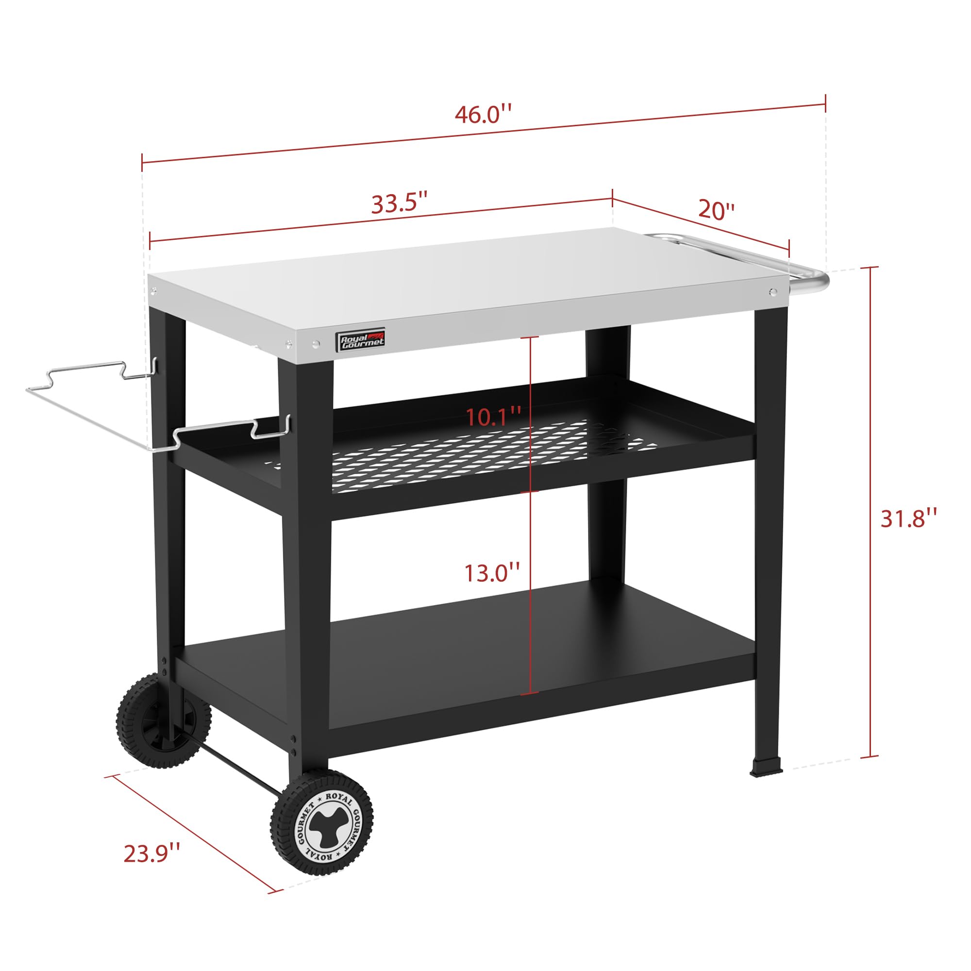Royal Gourmet PC3404S Rolling Dining Table with Trash Bag Holder, Outdoor Garden Patio BBQ Kitchen Food Prep Table Cart, 34"L x 20"W Stainless Steel Tabletop, Silver & Black