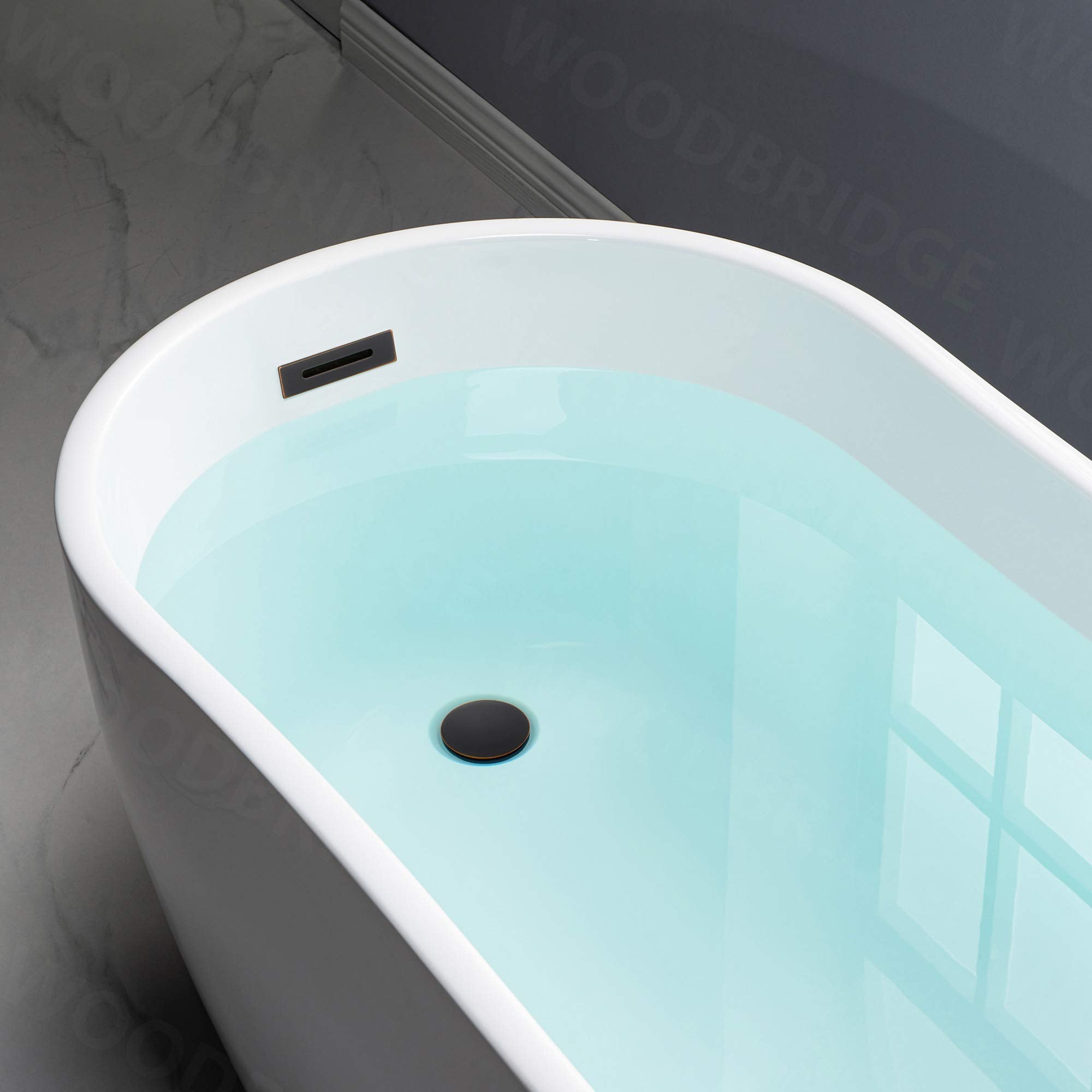 WOODBRIDGE 59" Acrylic Freestanding Bathtub Contemporary Soaking White Tub with Brushed Gold Overflow and Drain， B1530 -BG-Drain &O