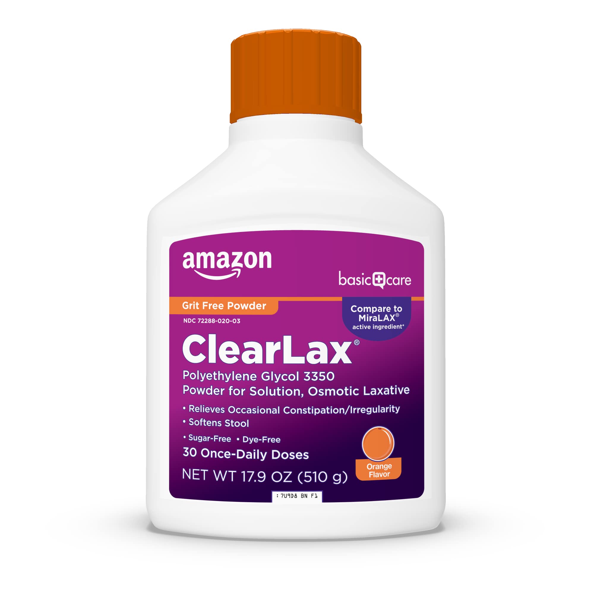 Amazon Basic Care ClearLax Polyethylene Glycol 3350 Powder for Solution, Orange Flavor, Osmotic Laxative, Stool Softener, Relieves Occasional Constipation, 8.3 ounce (Pack of 1)