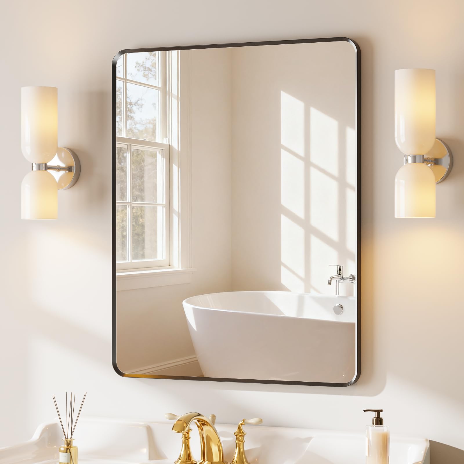 22x30 inch Gold Bathroom Mirror,Rounded Rectangle Gold Metal Framed, HD Tempered Glass, Horizontal or Vertical Hanging, Modern Bathroom Decor