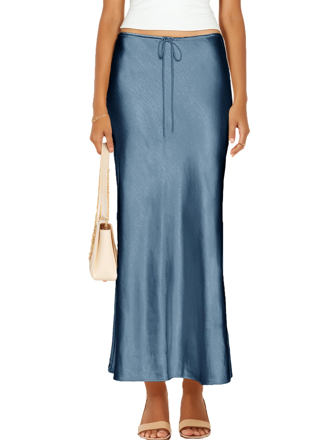 Womens Satin Silk Maxi Skirts Drawstring Flared Casual A-Line Long Skirt for Women