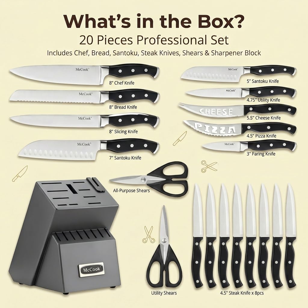 McCook® Knife Sets,German Stainless Steel Kitchen Knife Block Set with Built-in Sharpener, 20-Piece Razor-Sharp Kitchen Knives, Forged Triple Rivet,Full Tang,Ergonomic Handle,Elegant Box for Gift