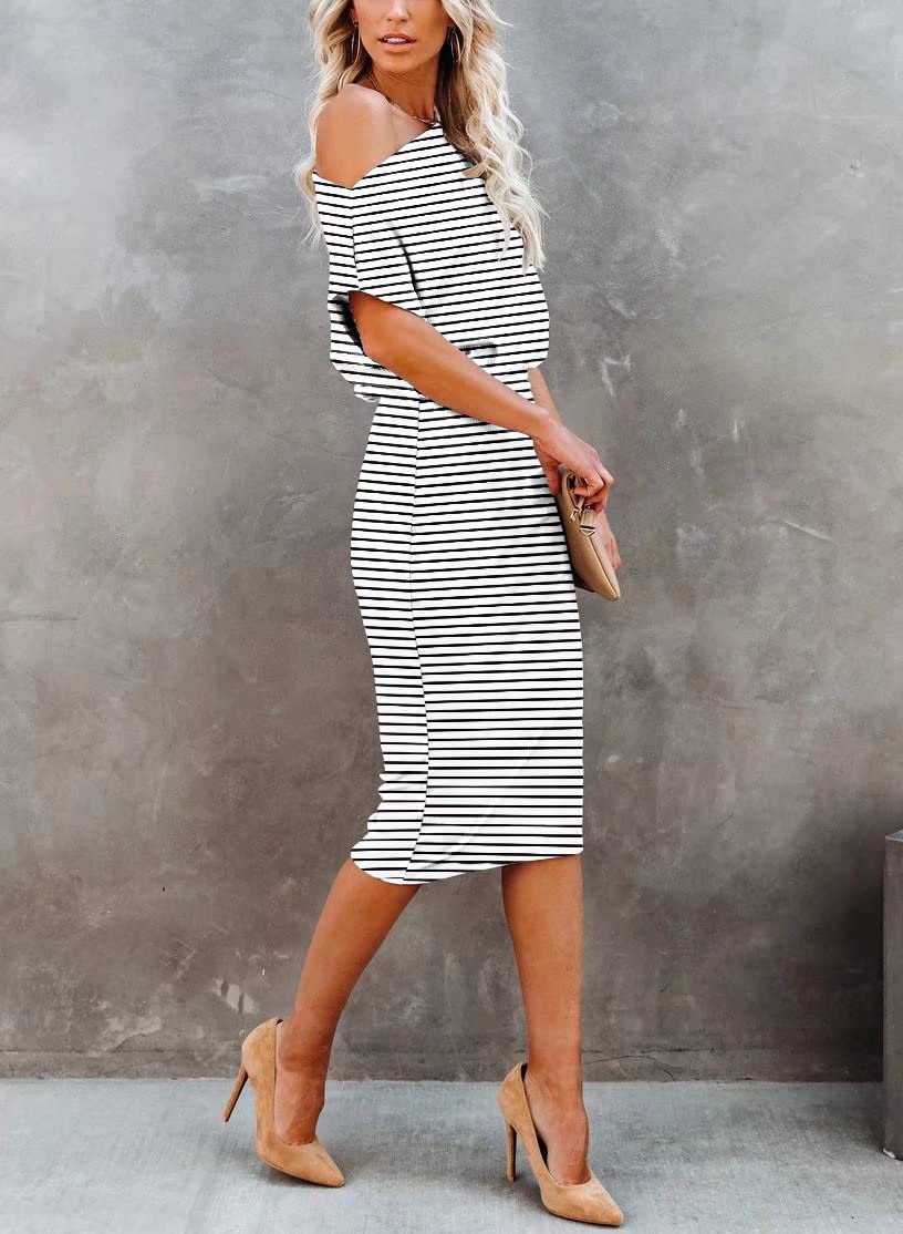 EZBELLE Women's Summer Dress Off The Shoulder Short Sleeve Ribbed Casual Party Bodycon Midi Dresses