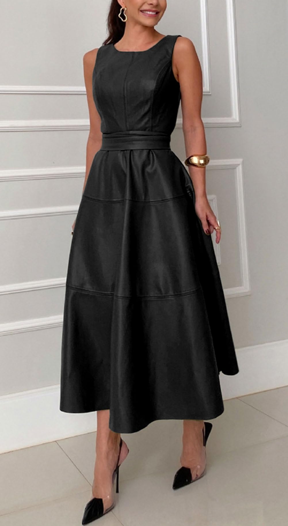CHARTOU Women PU Faux Leather Sleeveless Elegant Flowy Long Dress Party Night Out Dress with Belt