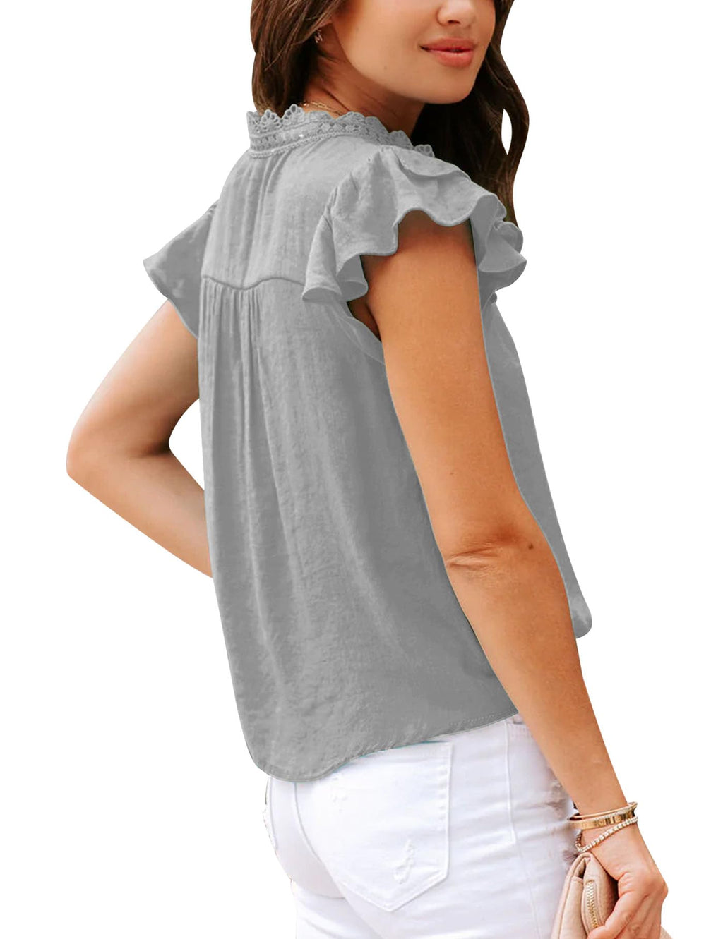 Women's V Neck Lace Crochet Shirts Button Down Short Sleeve Casual Blouse Tops