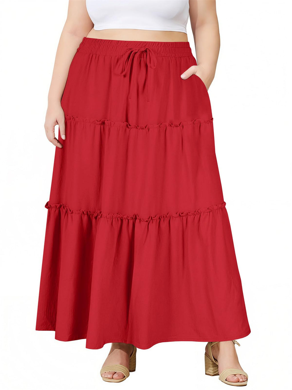 Moon Wood Plus Size Maxi Skirts for Women Trendy Long Flowy Boho Tiered Skirt Renaissance Summer Beach Skirt with Pockets