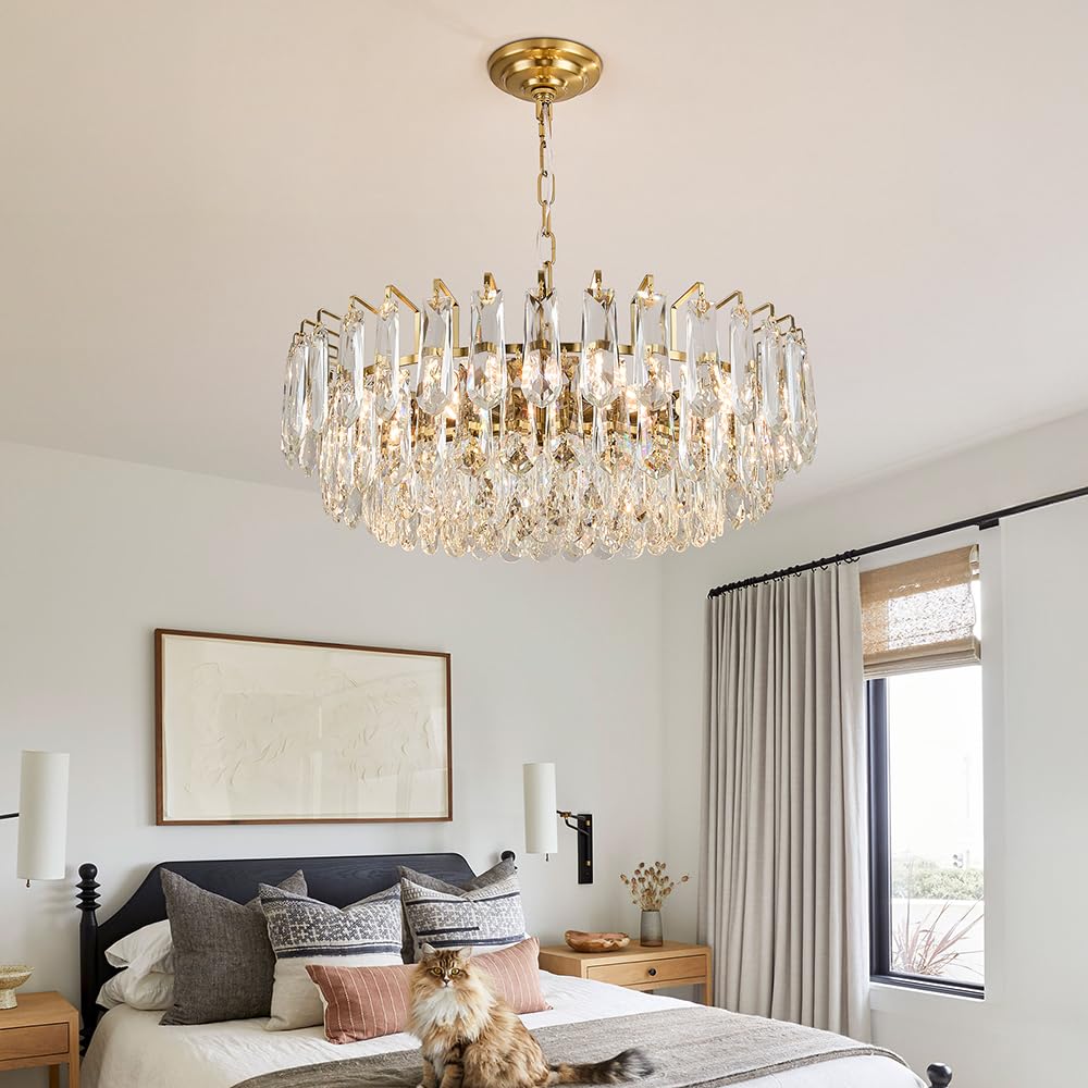 23.6" Modern Crystal Chandelier with Grey Crystal Gold 3-Tier Luxury Pendant Light 12-Light Ceiling Pendant Lighting for Dinning Room Living Room Foyer