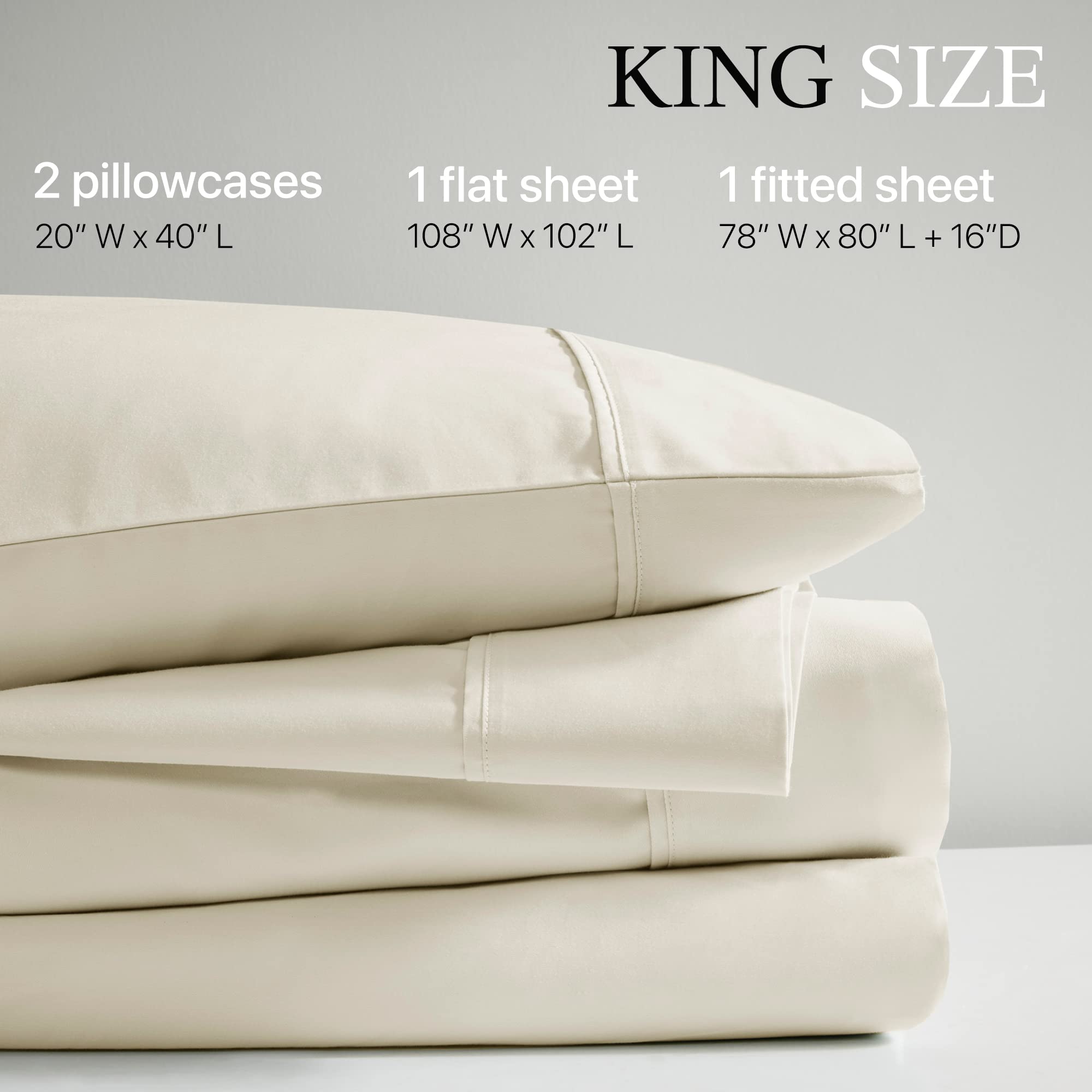 Beautyrest 1000 Thread Count, Solid Color Sheet Set, Elastic Deep Pocket, All Season, Breathable, HeiQ Smart Temperature, Soft Cotton Blend Bedding, Matching Pillowcase, King Ivory 4 Piece