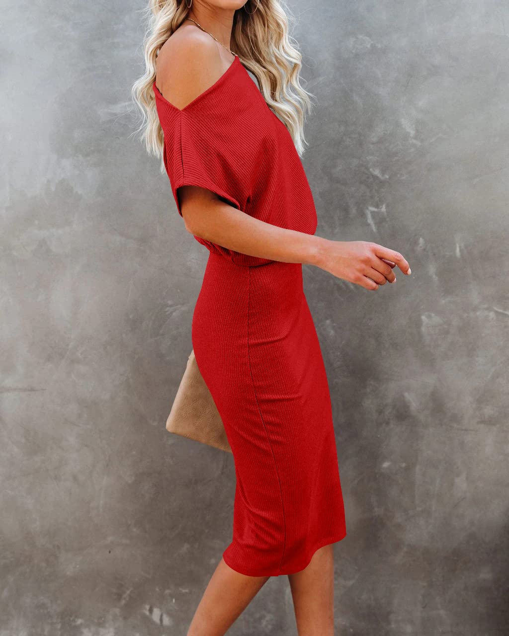 EZBELLE Women's Summer Dress Off The Shoulder Short Sleeve Ribbed Casual Party Bodycon Midi Dresses