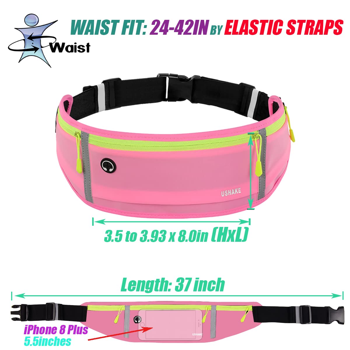 USHAKE Slim Running Belt, Workout Fanny Pack for Men Women,Exercise Waist Pack for Apple iPhone Holder, Runner Belt for Running Walking Cycling Camping Gym Black