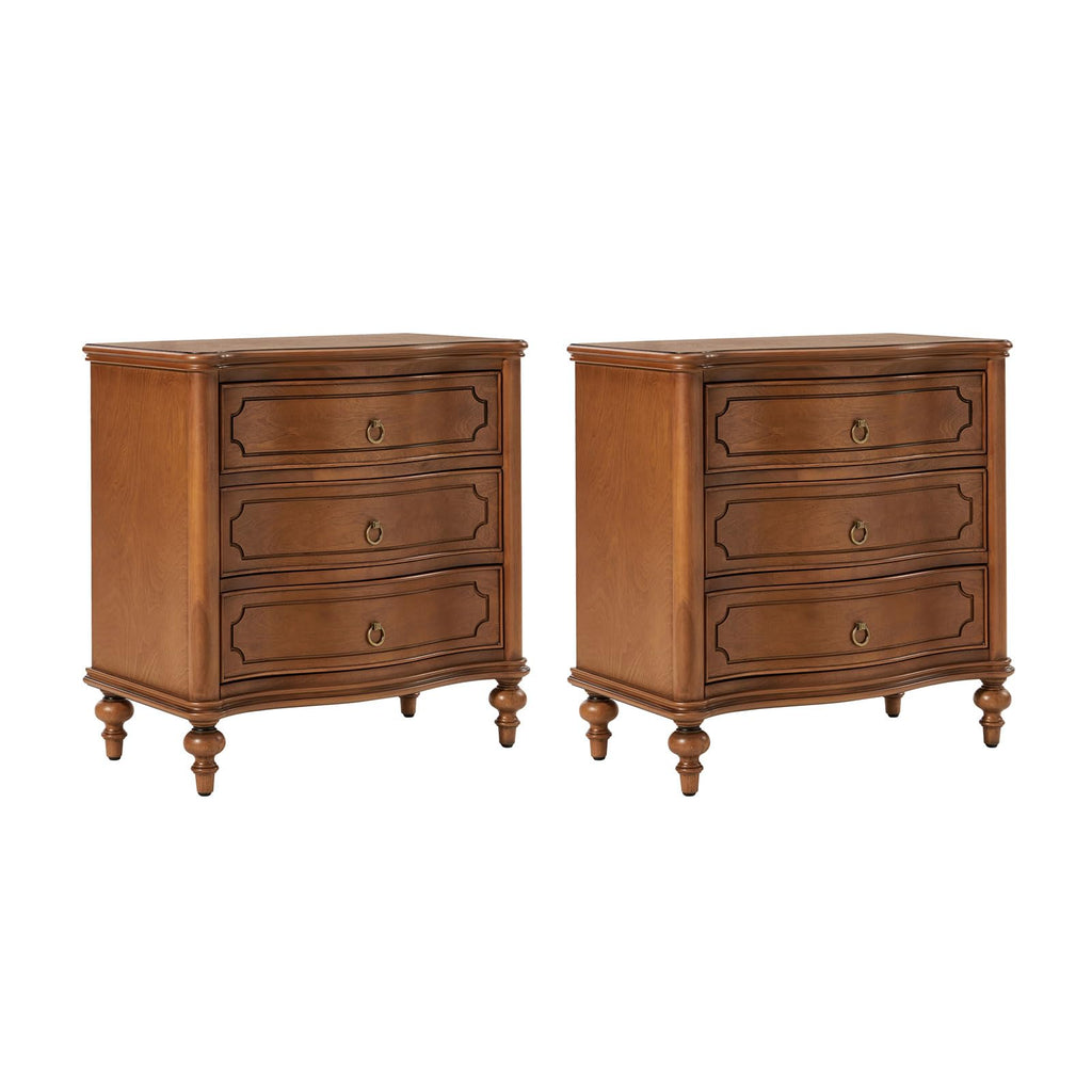 HULALA HOME Traditional Side Table with 3 Drawers, Tall Side Table with Curved Front Profle Desgin, Charging Station, Solid Wood Legs, Black