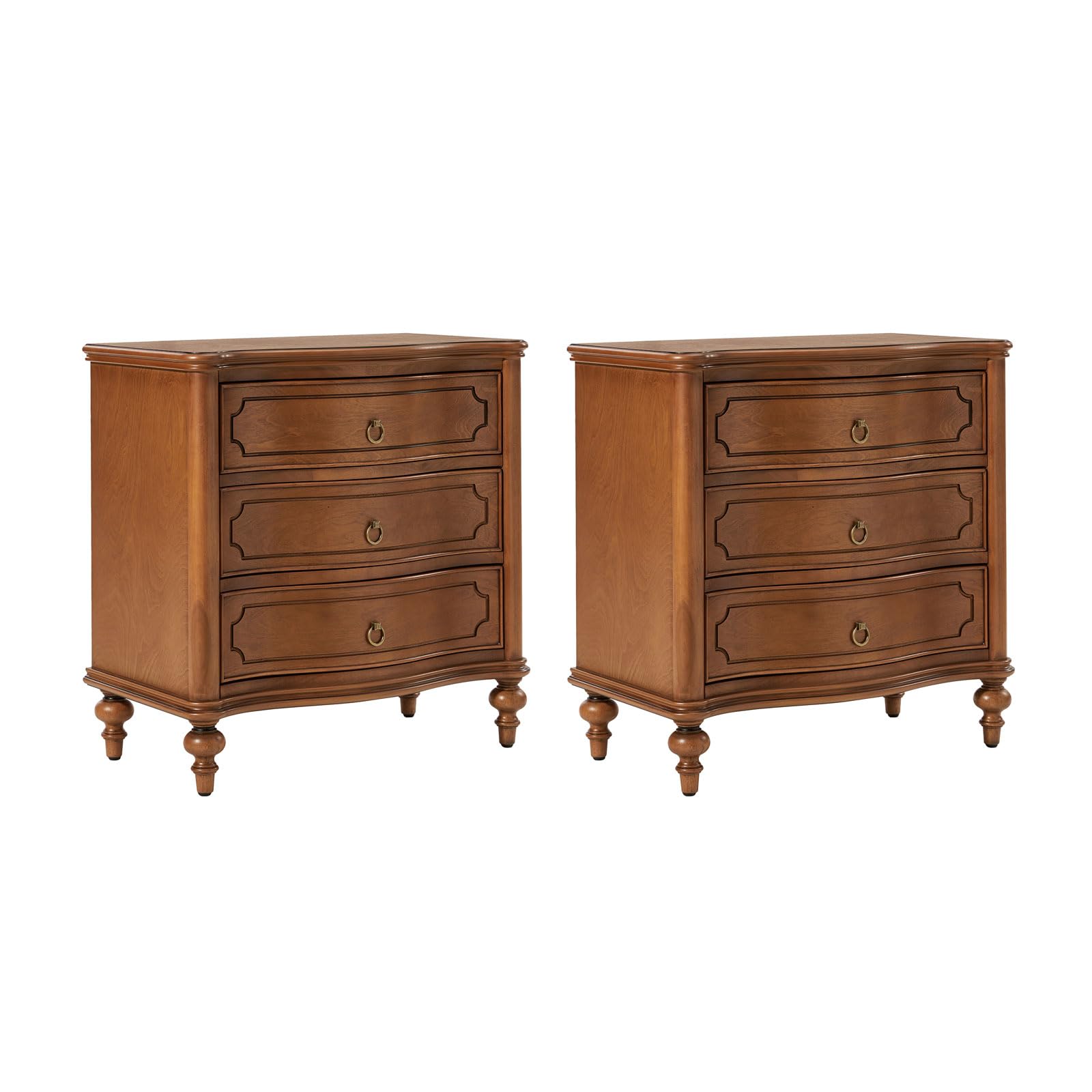 HULALA HOME Traditional Side Table with 3 Drawers, Tall Side Table with Curved Front Profle Desgin, Charging Station, Solid Wood Legs, Black