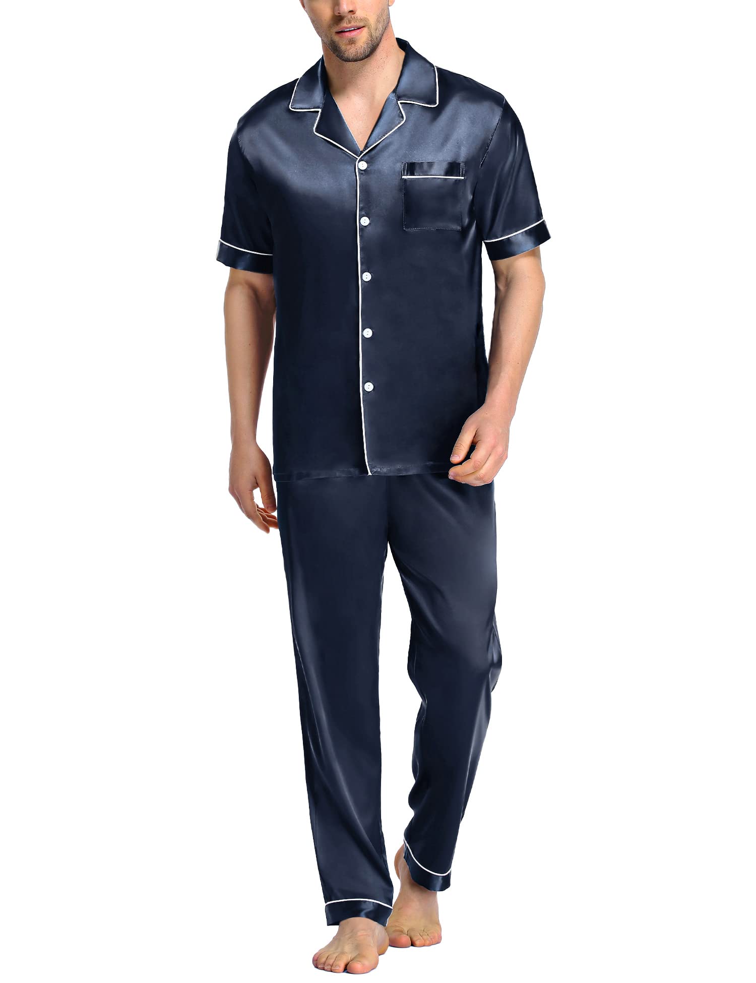 SWOMOG Mens Satin Pajama Set Short Sleeve Classic Sleepwear Button Down Silky Loungewear with Long Pants