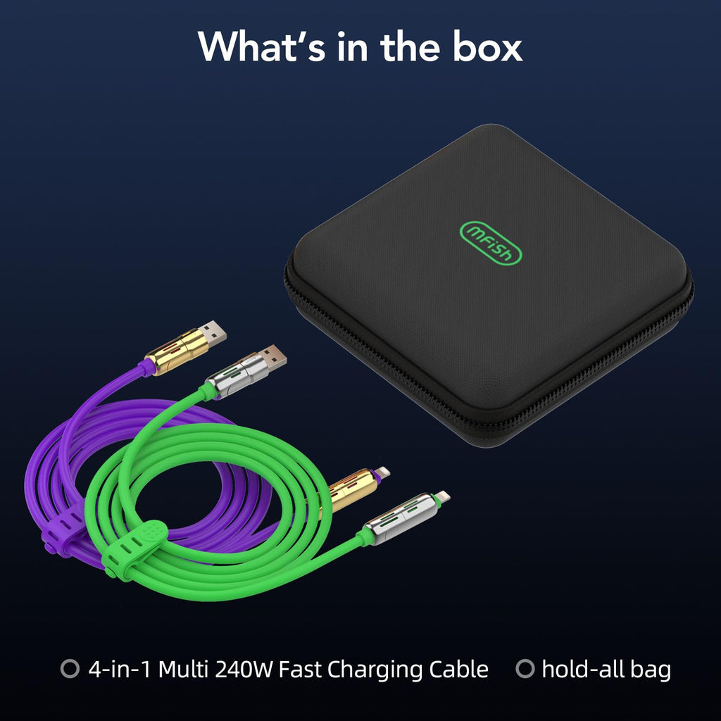 MFish 4-in-1 USB Charging Cable with Carrying Case, 240W Fast Charger Cord, USB-A & Dual USB-C to USB-C/Lightning, for iPhone 17/16/15/14, iPad, MacBook & More(Black, 3.3FT)