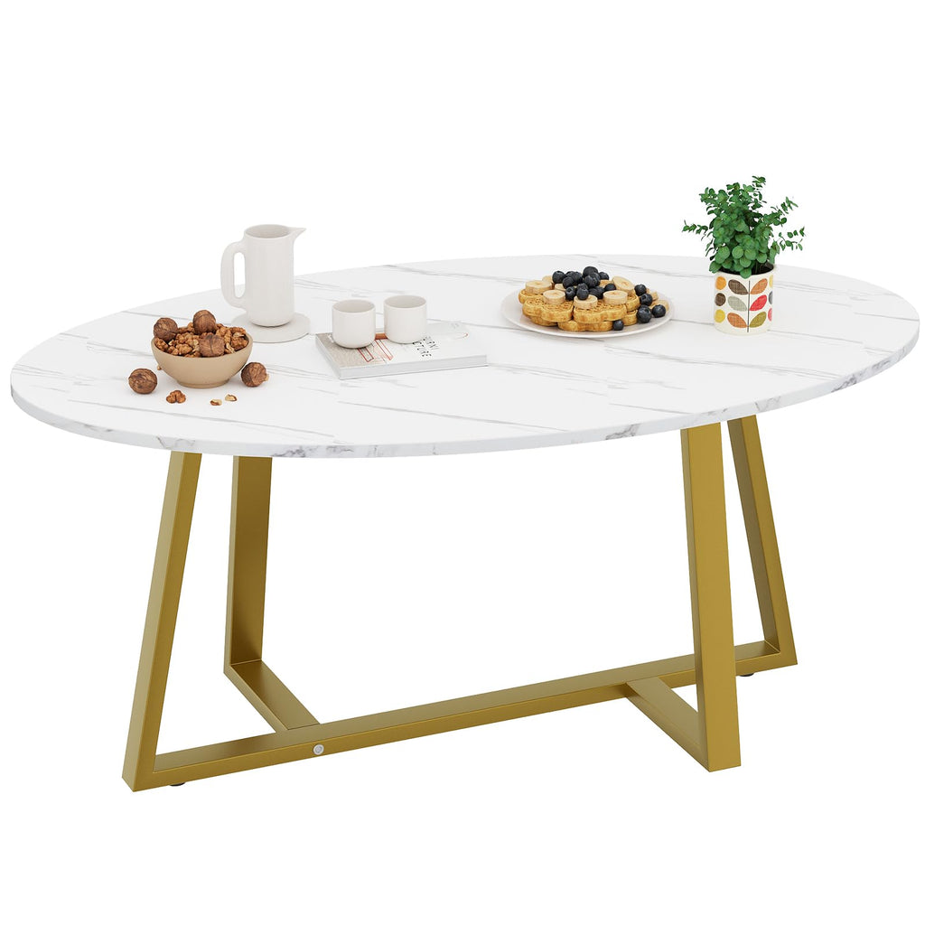 Wolawu Coffee Table Gold Oval Glass Coffee Tables for Living Room,Modern Gold Metal Frame Tea Tables for Small Space, Tempered Glass Top Center Table with Stable Cross Base for Bedroom, Office,Balcony