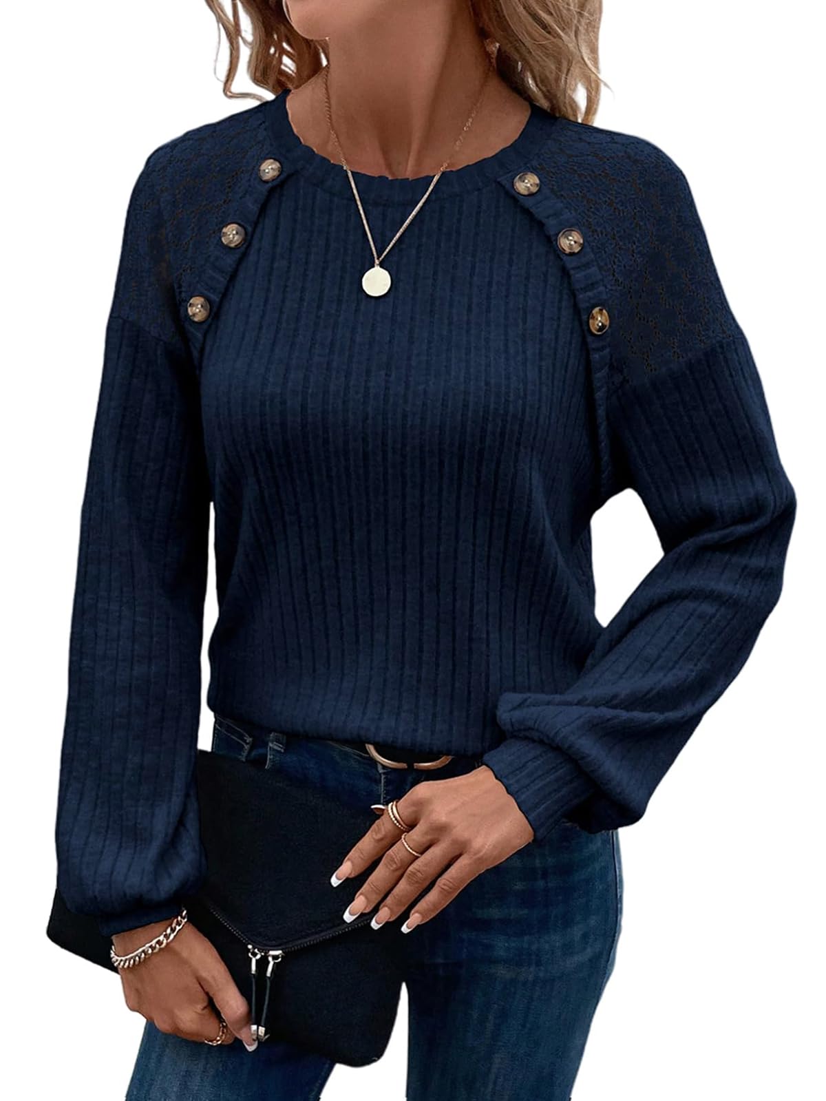 Acelitt Womens Fall Long Sleeve Tunic Tops Casual Crew Neck Dressy Shirt Lace Patchwork Blouses Pullover Sweaters