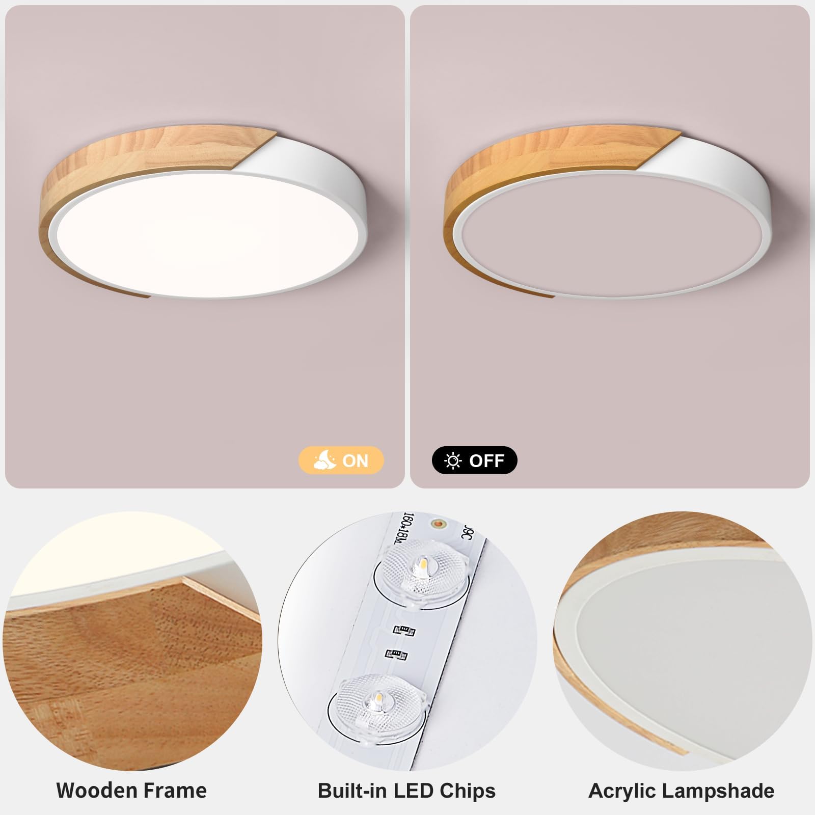 Modern LED Ceiling Light, Minimalist Wood Dimmable Flush Mount Ceiling Light Fixture, Round 5CCT Lighting Lamp with Acrylic Lampshade for Bedroom Hallway Kitchen Laundry, Black 11.8"