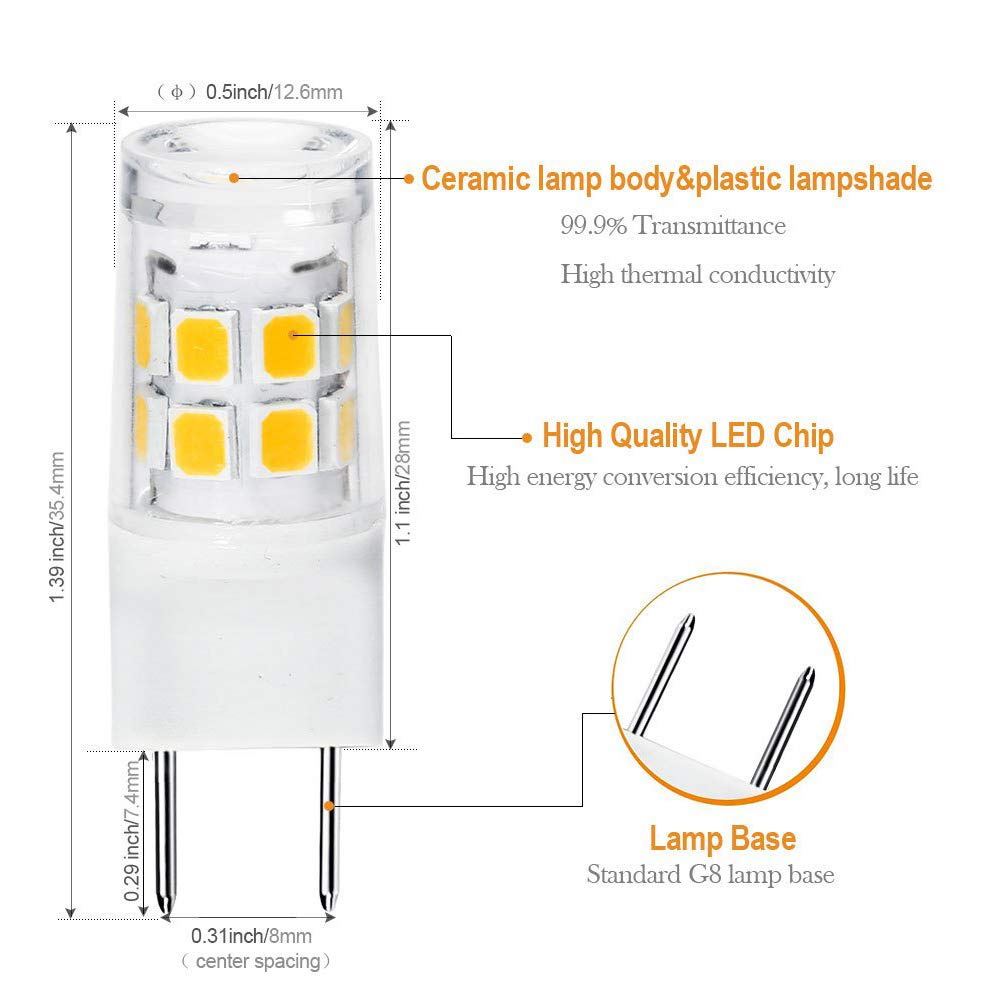 G8 LED Bulb 3W, WB25X10019 Halogen Bulb 20W Replacement for GE Microwave Oven Light, T4 JCD Type G8 Bi-Pin Base, 120 Volt, Daylight White 6000K, 2-Pack