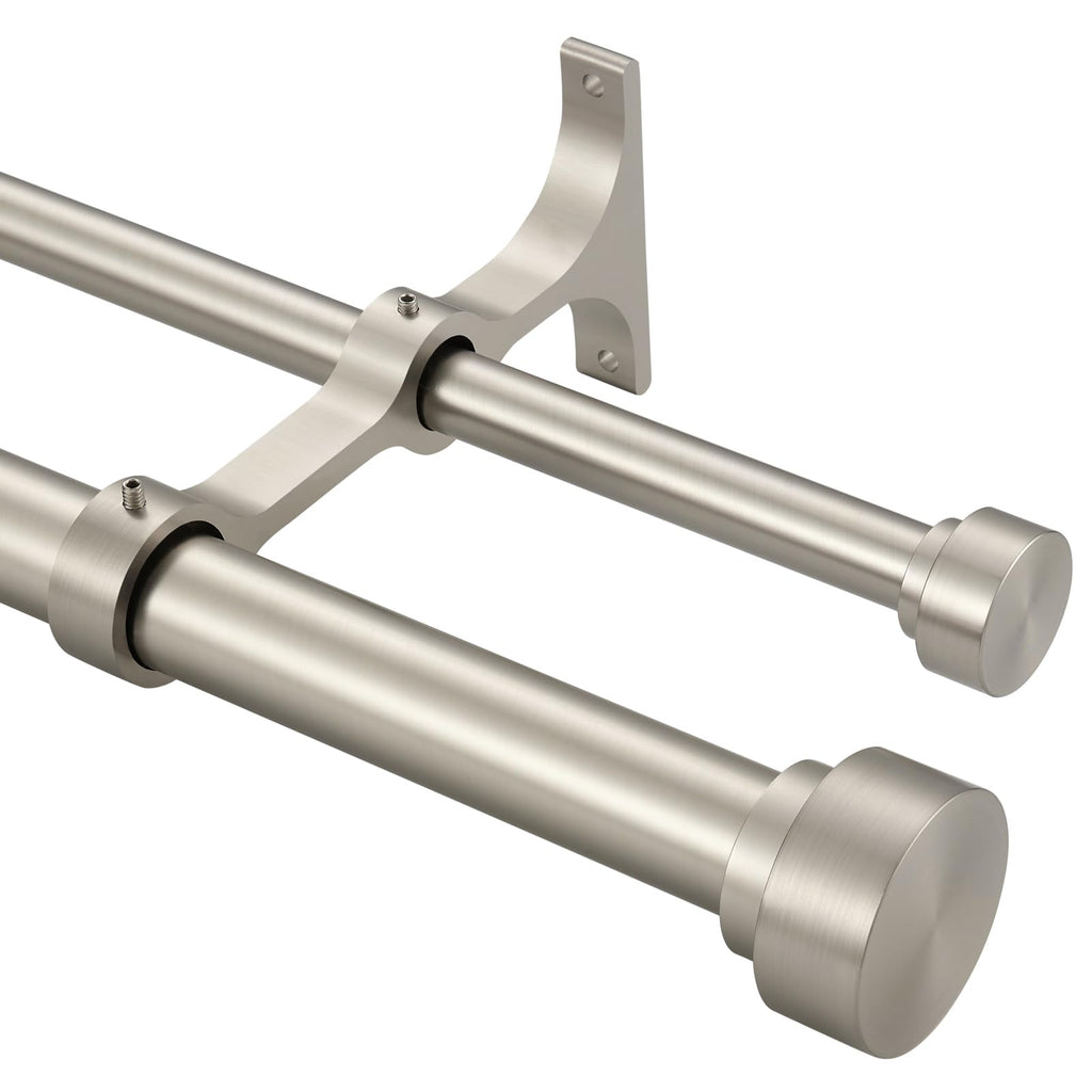 Heavy Duty Double Curtain Rods with Cylindrical Cap Finials - 36 to 72' Telescoping Rods, 1 Inch and 5/8 Inch Diameter, Light Gold
