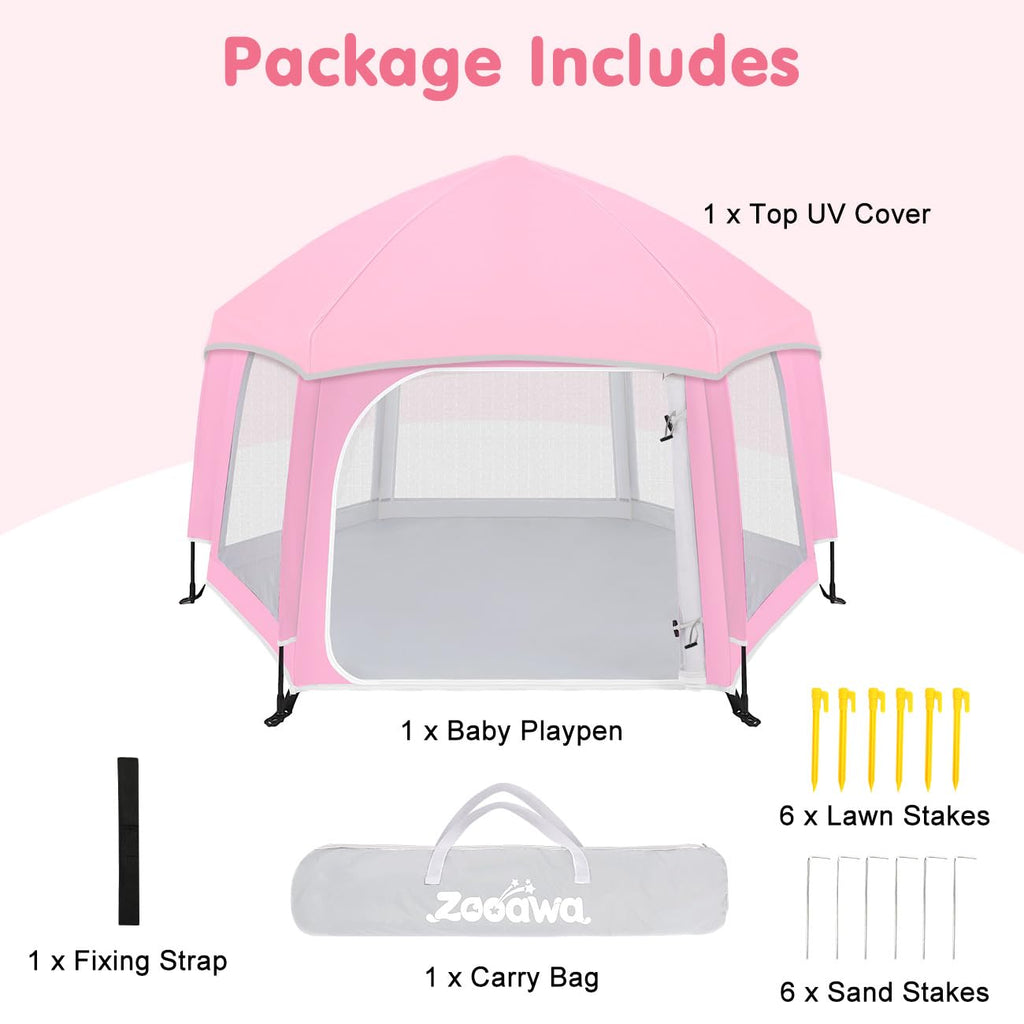 Pop Up Playpen for Baby, Portable Playpen for Babies and Toddlers with Removable Sun-Shades& 2 Side UV Covers, Lightweight Outdoor Baby Play-Pen for Beach Home with Travel Bag, Beige