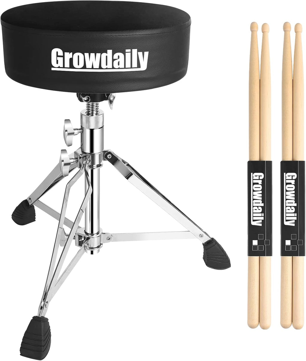 GrowDaily Drum Throne Seat,Adjustable Stool Drum Universal Thick Padded Drum Throne Drummer Stool with 2Pacs 5A Drumsticks