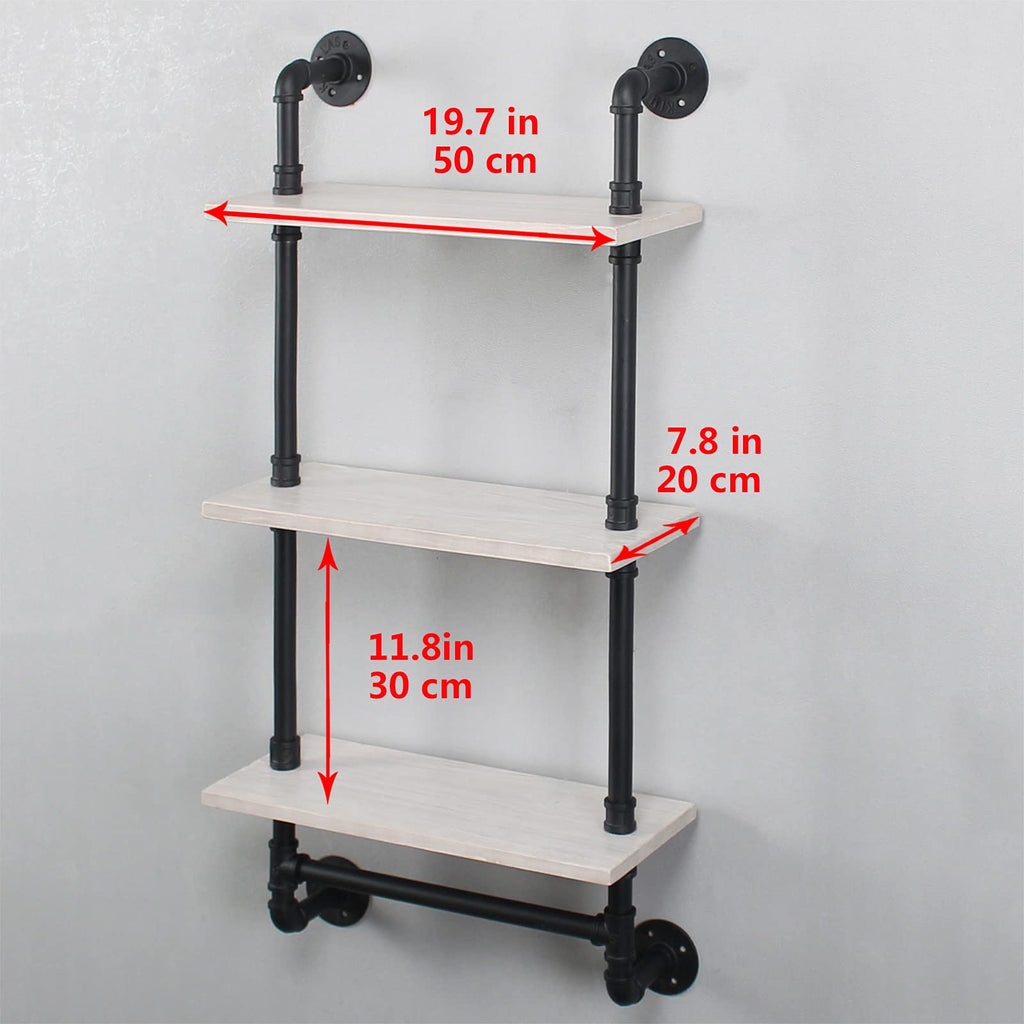 MBQQ Industrial Pipe Shelf Bathroom Shelves Wall Mounted,19.6in Rustic Wood Shelf with Towel Bar,1 Tier Farmhouse Towel Rack,Pipe Shelving Floating Shelves Towel Holder,Black & White