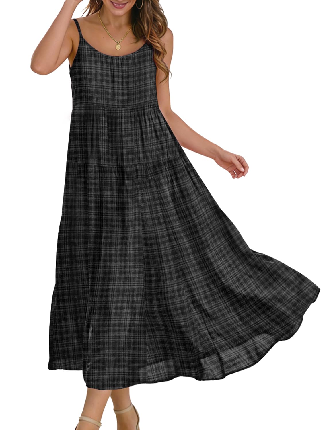 YESNO Summer Bohemian Floral Dresses for Women Spaghetti Straps Maxi Dress Casual Flowy Dresses with Pockets ES0