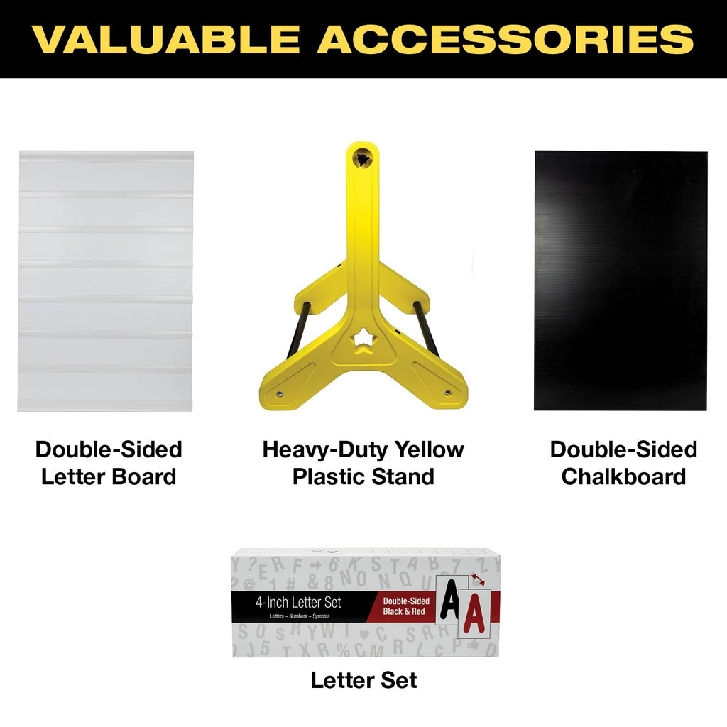 Swinging Changeable Message Sidewalk Sign: 24" x 36" Sign with 792 Pre-Cut Double Sided Letters and Storage Box. Includes Black Board & Letter Board (Black Color Legs)