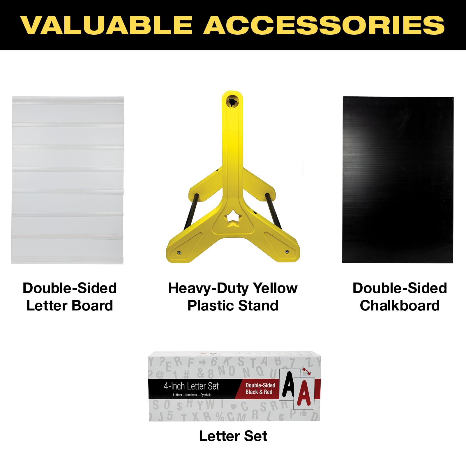 Swinging Changeable Message Sidewalk Sign: 24" x 36" Sign with 792 Pre-Cut Double Sided Letters and Storage Box. Includes Black Board & Letter Board (Black Color Legs)