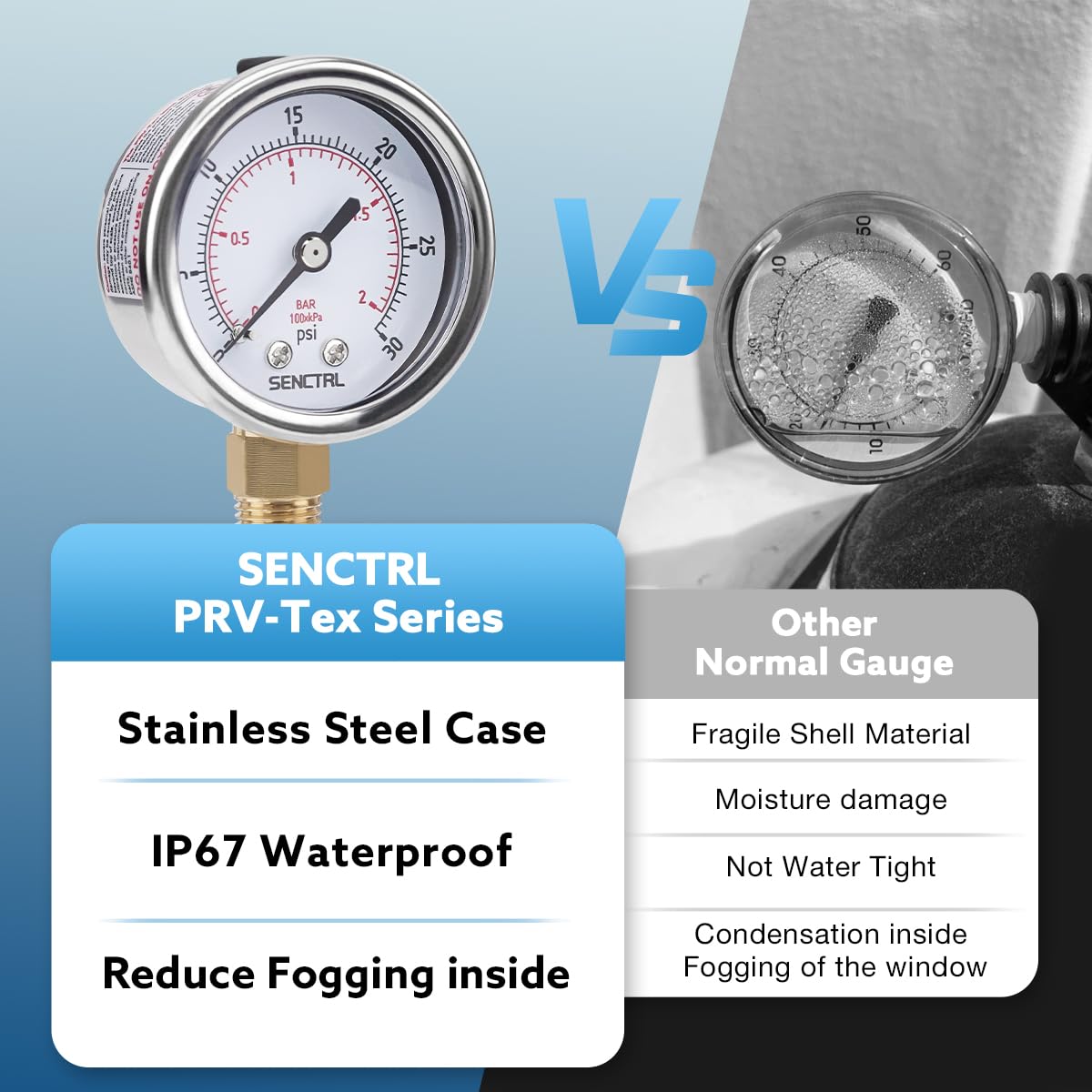 SENCTRL 30inHg Vacuum Pressure Gauge, 2" Dial, 1/8 NPT Lower Mount, Waterproof, Stainless Steel Case, for Tube Tester, HVAC, Pneumatic Air Compressor, Hand Pump, Valve Test