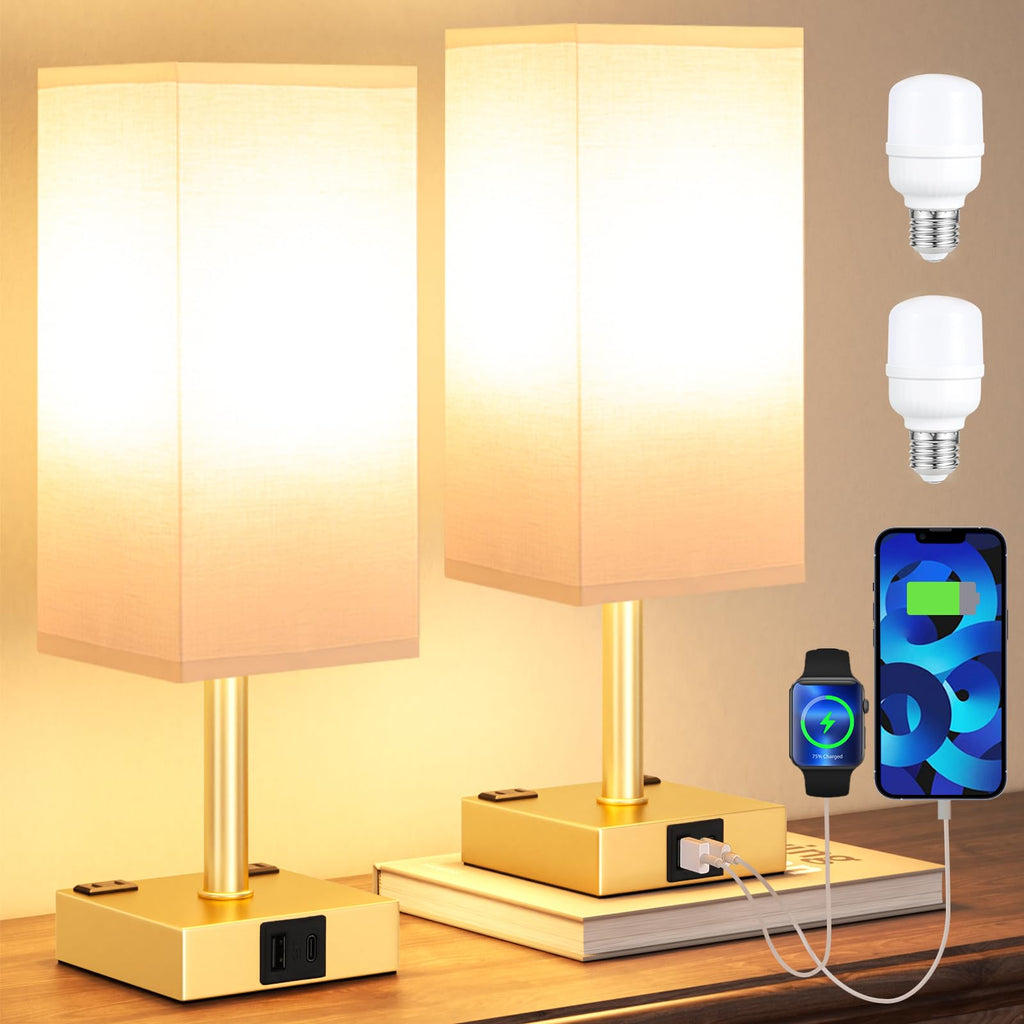 aooshine Set of 2 Touch Nightstand Lamp with USB-C+A Charge Ports& AC Outlets, 3-Way Dimmable Bedside Lamp with White Fabric Shade,Small Table Lamp for Bedroom Guest Room(Bulb Included)