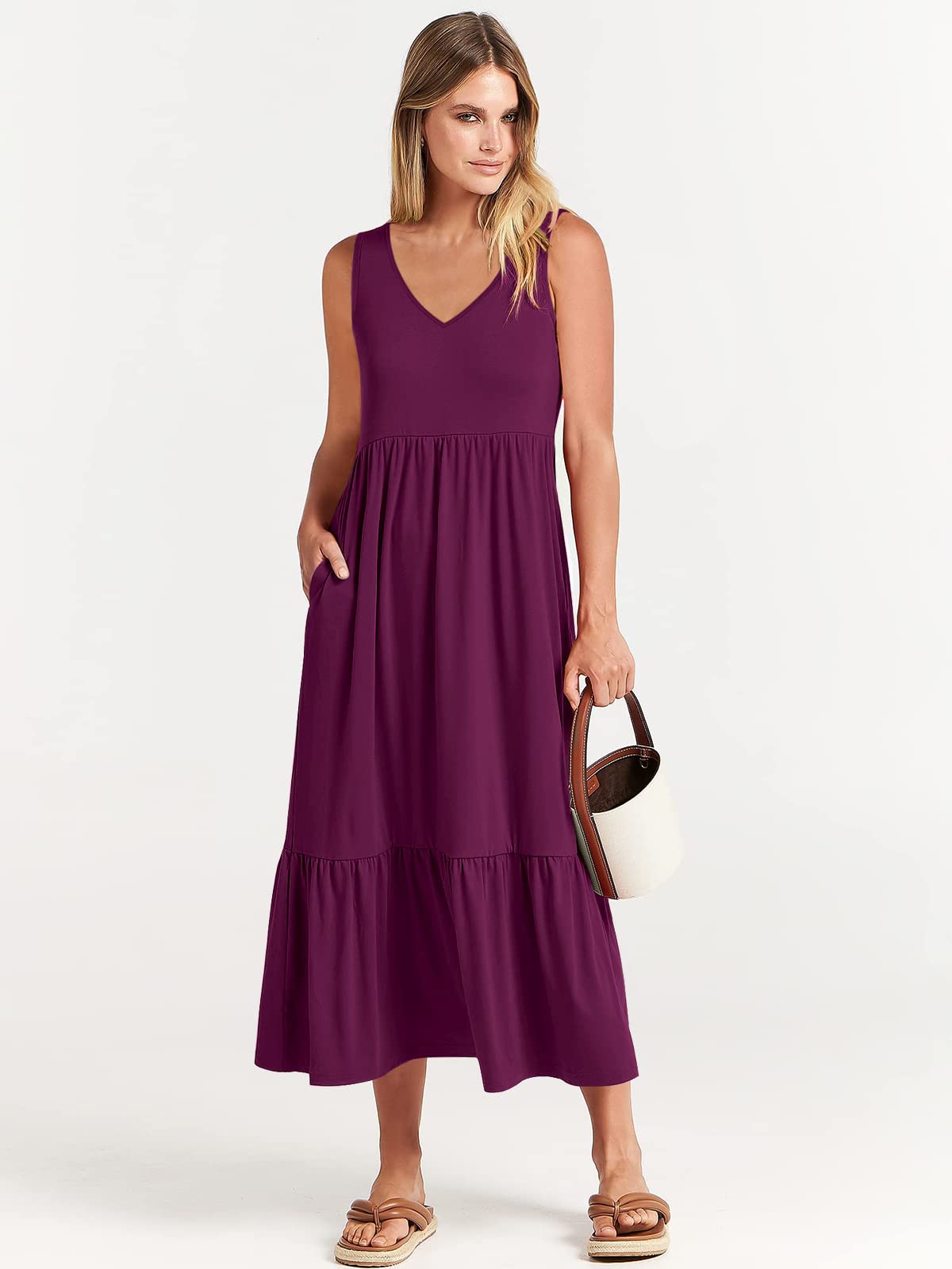 ANRABESS Women Summer Maxi Dresses A-line Tiered Flowy V Neck Sleeveless Swing 2026 Casual Beach Travel Sundress with Pockets