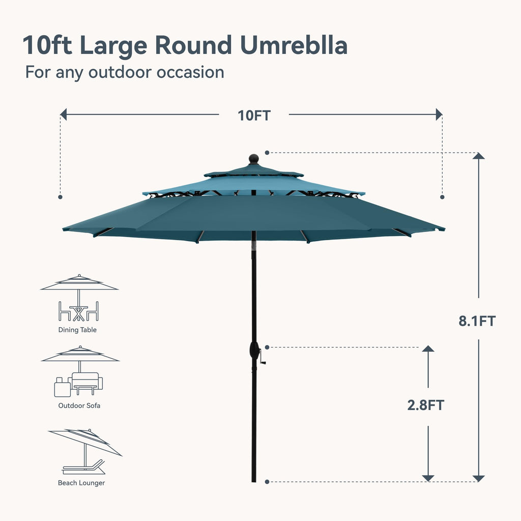 PHI VILLA 10ft Patio Umbrellas, Outdoor 3 Tier Vented Large Market Table Umbrella with 8 Sturdy Ribs and 1.5" Umbrellla Pole for Lawn Poolside Garden Terrace, Beige(No Base)