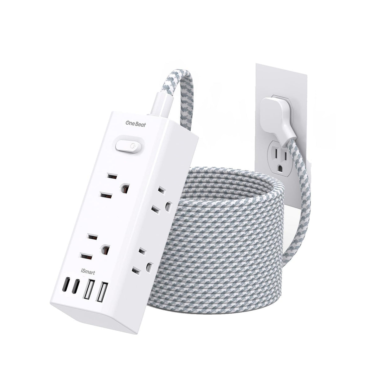 One Beat Short Extension Cord 1Ft, Flat Plug Power Strip Surge Protector - 6 Widely Outlets with 4 USB Ports (2 USB C), Wall Mount Small Power Strip for Travel, Home Office College Dorm Essentials
