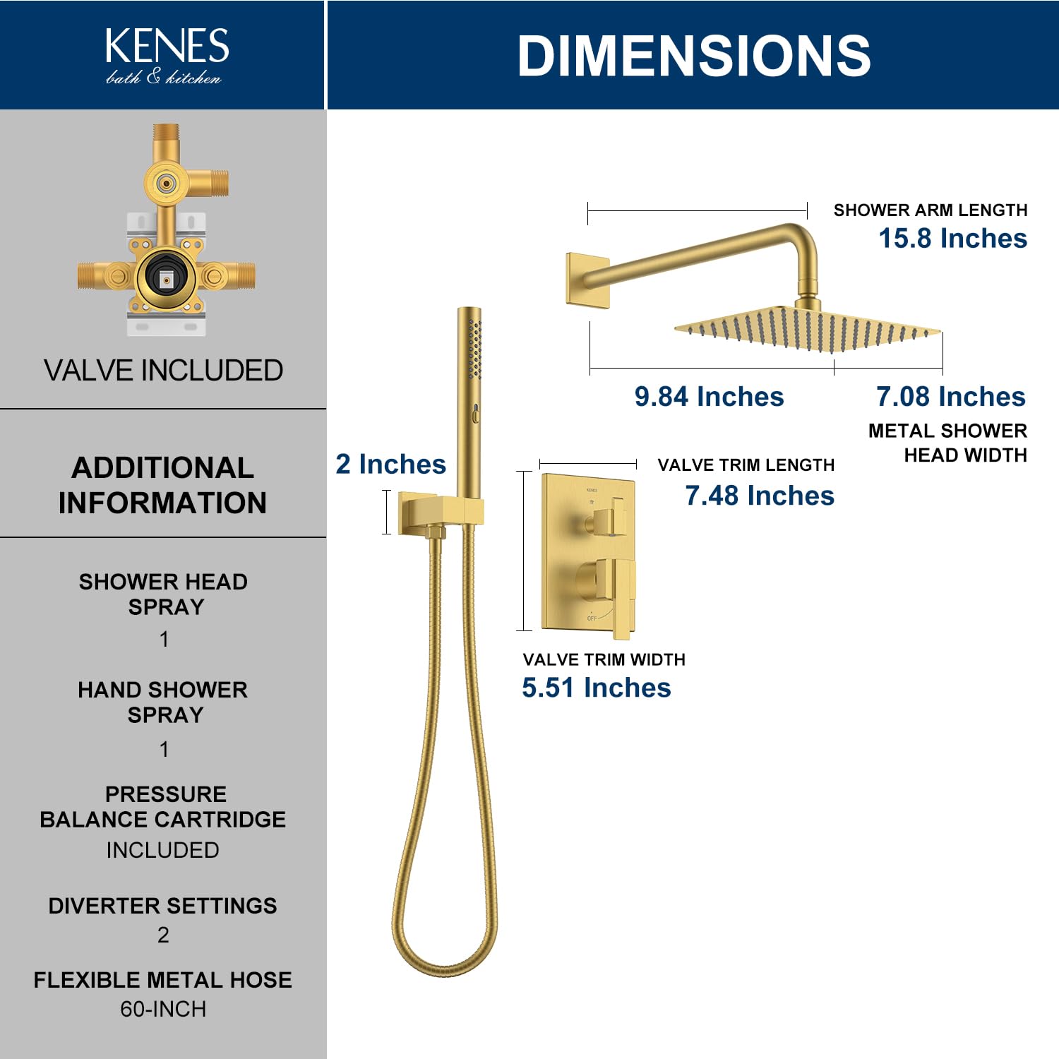 KENES Brushed Nickel 10-Inch Shower Head and Handle Set, Square Shower Faucet Set Bathroom Rainfall Shower System Wall Mount, KE-6024B (Shower Valve Included)