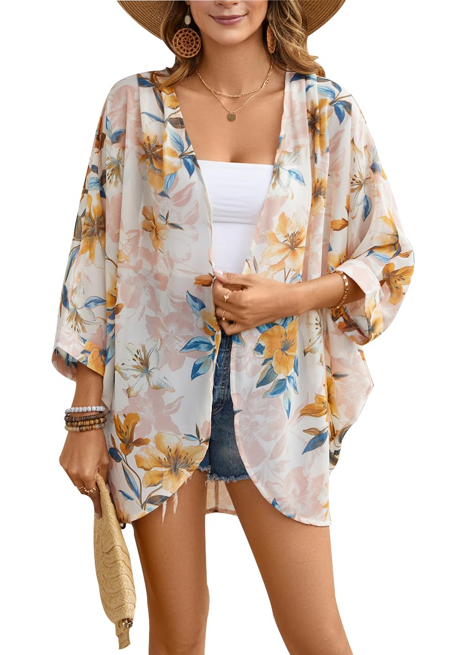 olrain Women's Floral Print Sheer Chiffon 3/4 Bat Sleeve Casual Loose Kimono Cardigan Capes