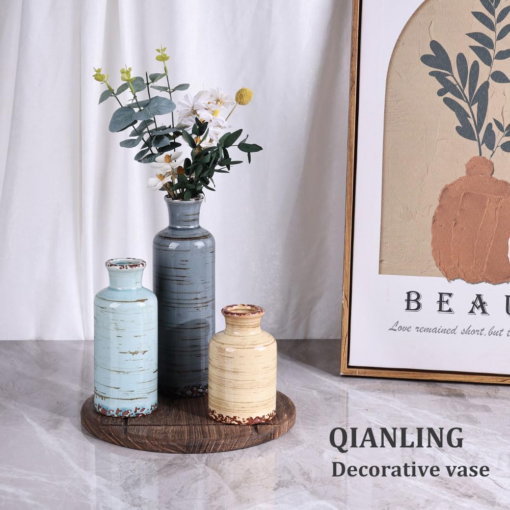 Ceramic Vase Set - 3 Ceramic Small Vases, Farmhouse Country Flower Vase Home Decor, Living Room Decoration, Table Decoration, Fireplace Decor, and Entrance Decorations Centerpieces