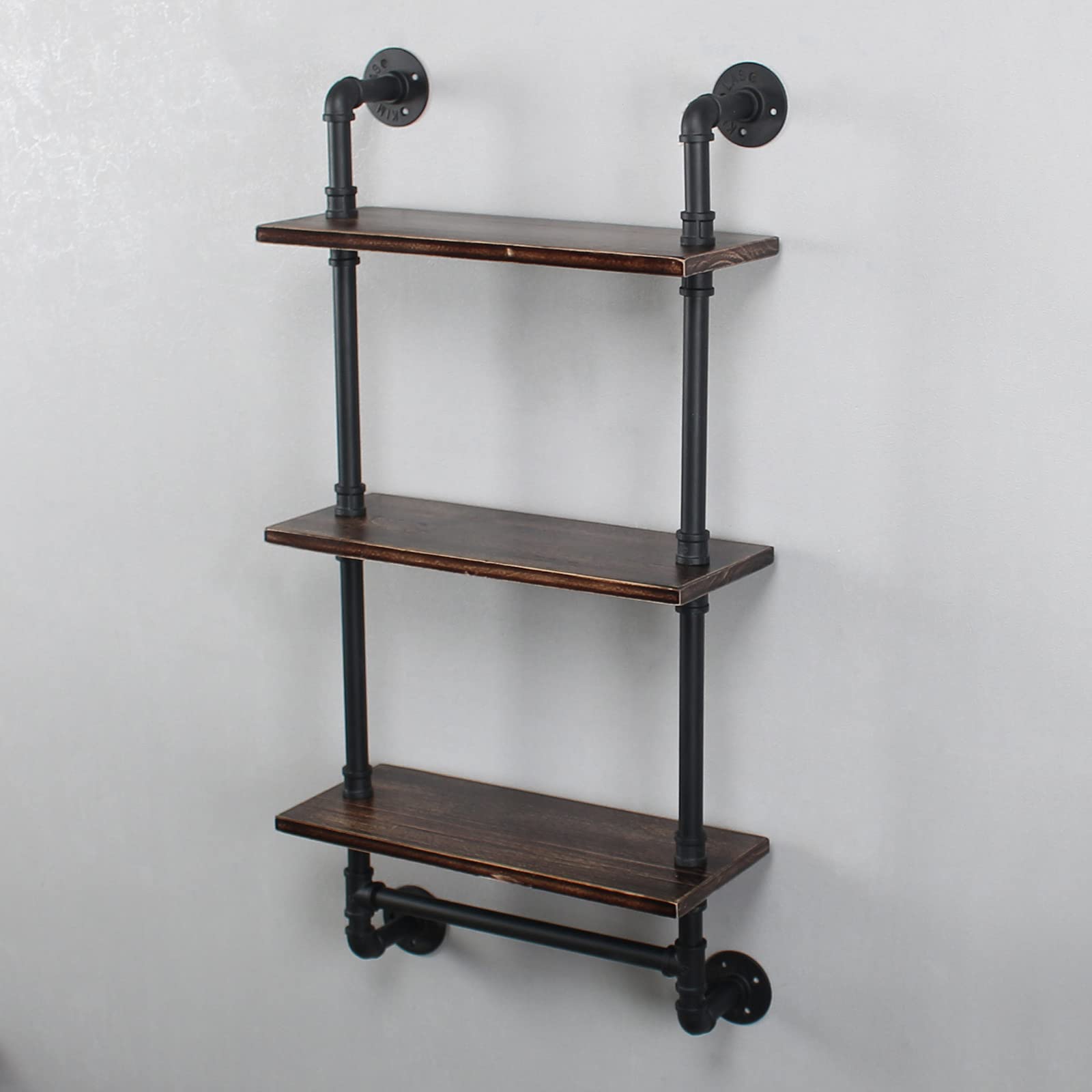 MBQQ Industrial Pipe Shelf Bathroom Shelves Wall Mounted,19.6in Rustic Wood Shelf with Towel Bar,1 Tier Farmhouse Towel Rack,Pipe Shelving Floating Shelves Towel Holder,Black & White