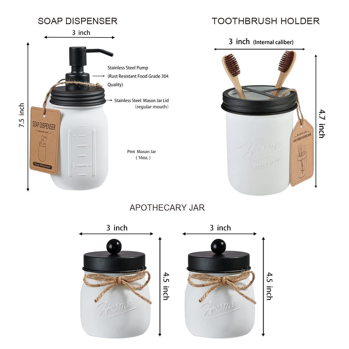 SheeChung 6Pcs Mason Jars Bathroom Accessories Set Complete - Toothbrush Holder, Lotion Soap Dispenser, 2 Mason Jars, Soap Dish, Toilet Paper Basket, Rustic Farmhouse Decor (Black, 6Pcs Bathroom Set)
