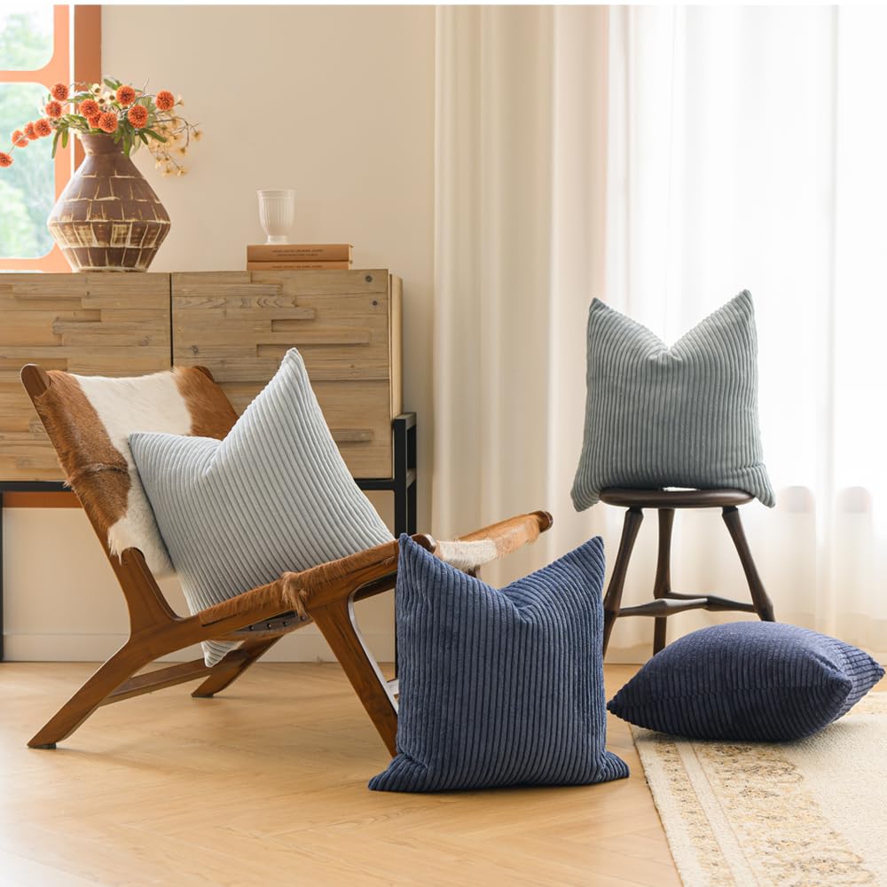 LANANAS Neutral Couch Throw Pillow Covers 18x18 Inch Set of 4 Decorative Farmhouse Boho Throw Pillows for Living Room, Couch, Bed, Sofa Soft Corduroy Accent Home Decor (Blue Ocean, 18x18 Inch)