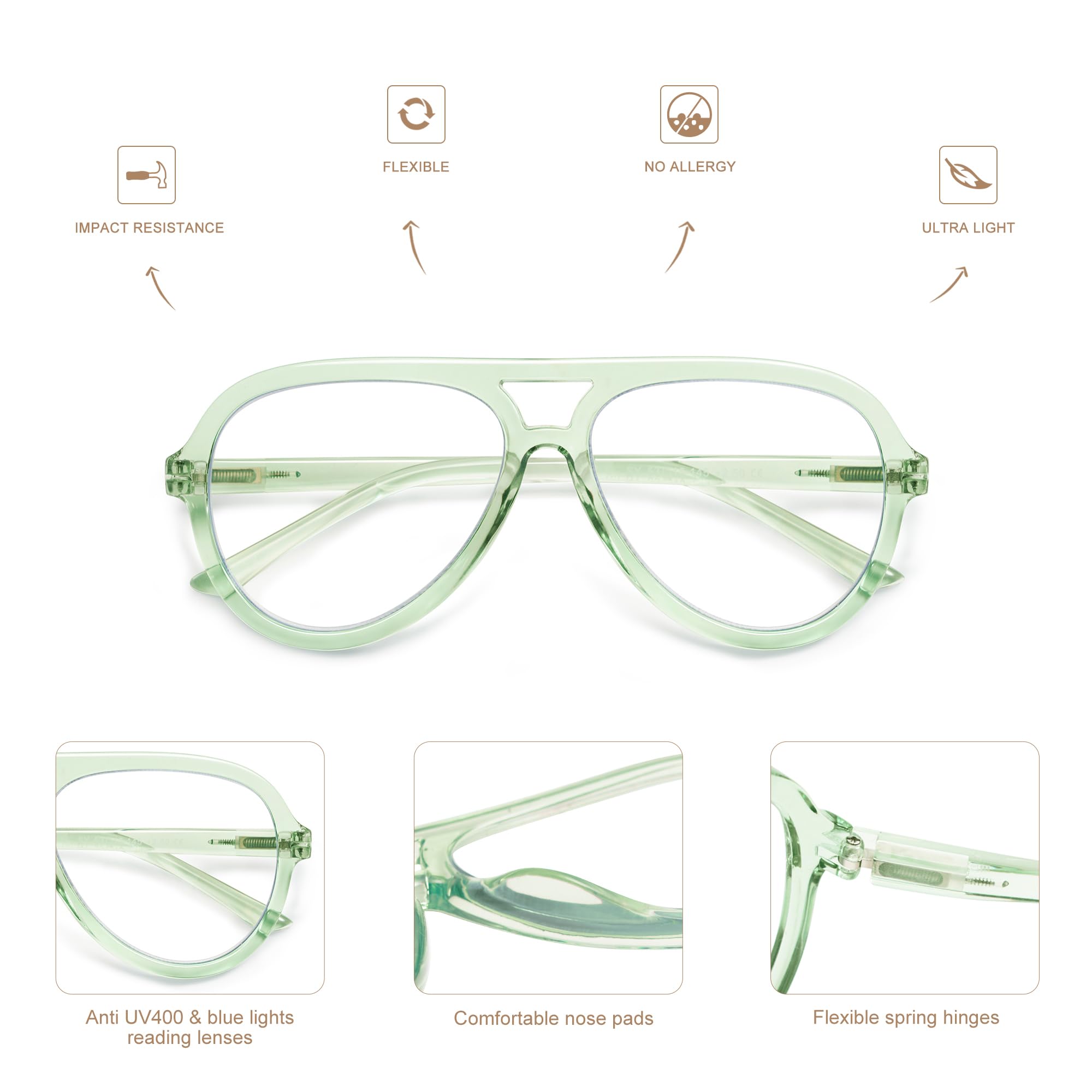 AMOMOMA 3 Pack Retro Oversized Aviator Reading Glasses for Women Men,Classic Large Reader Blue Light Computer Frame AM6111