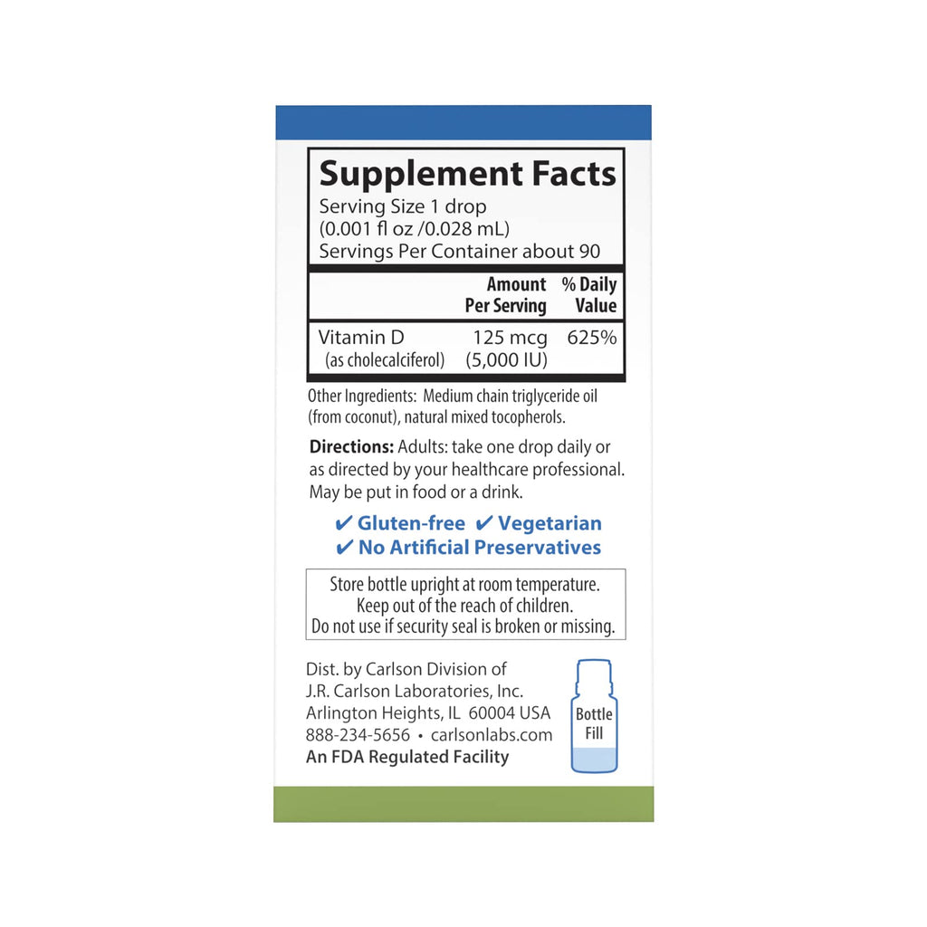 Carlson - Super Daily D3 5,000 IU (125 mcg) per Drop, Vitamin D Drops, Immune Support, Heart Health, Liquid Vitamin D3, Unflavored, 90 Drops