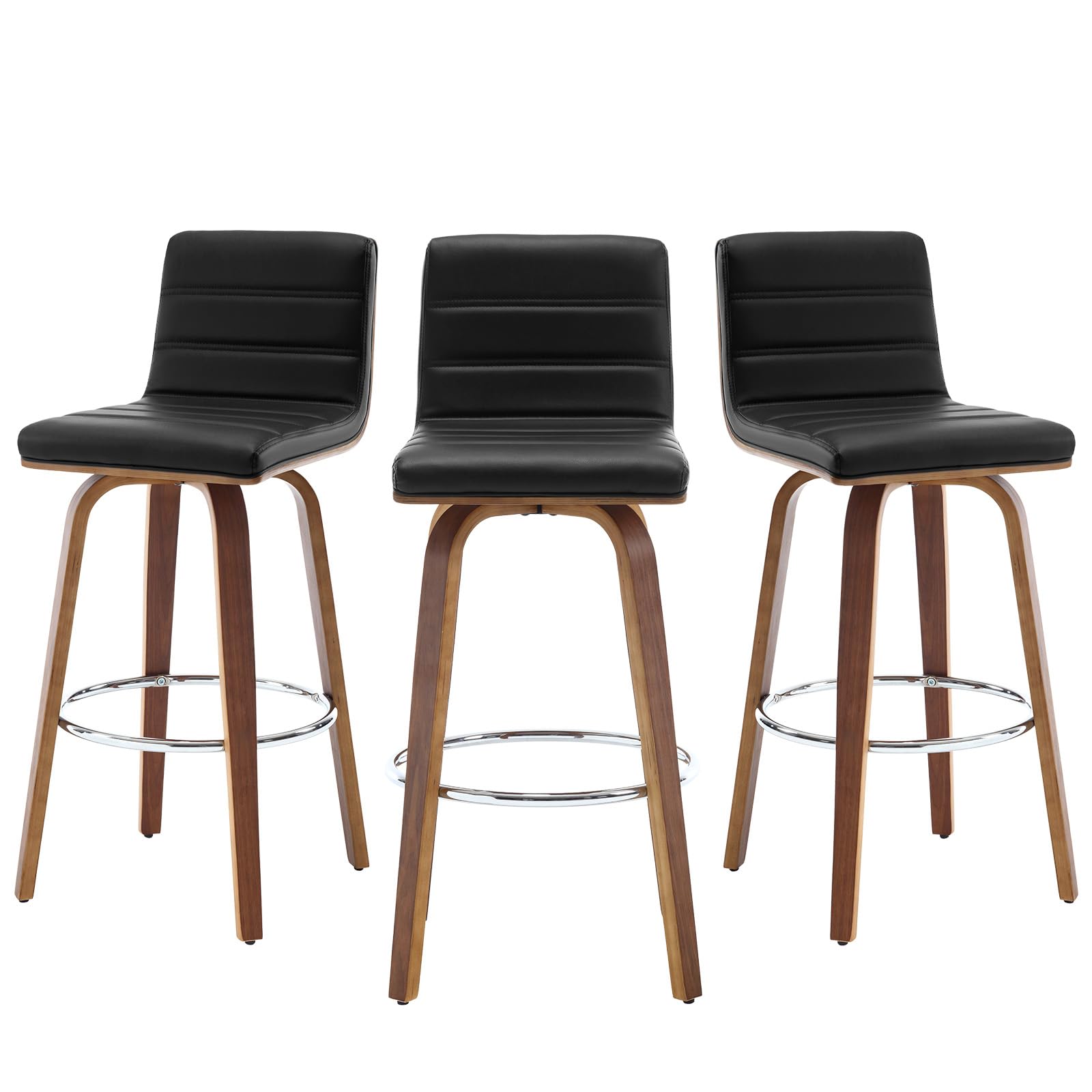 Bar Stools 29 Inch Bar Height, Swivel Bar Stools with Backs Upholstered PU Leather Barstool, L Shape Back and Padded Seat, Mid-Century Modern Bar Stool Pub Chairs for Kitchen Counter Island, Black