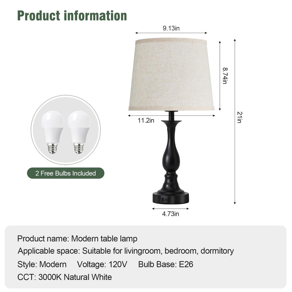 Bedside Table Lamp Touch Control Bedroom Lamps with USB A and C Charging Port 3 Way Dimmable Touch Lamps for Nightstand Living Room Bedroom Dorm Home Office Reading, Set of 2