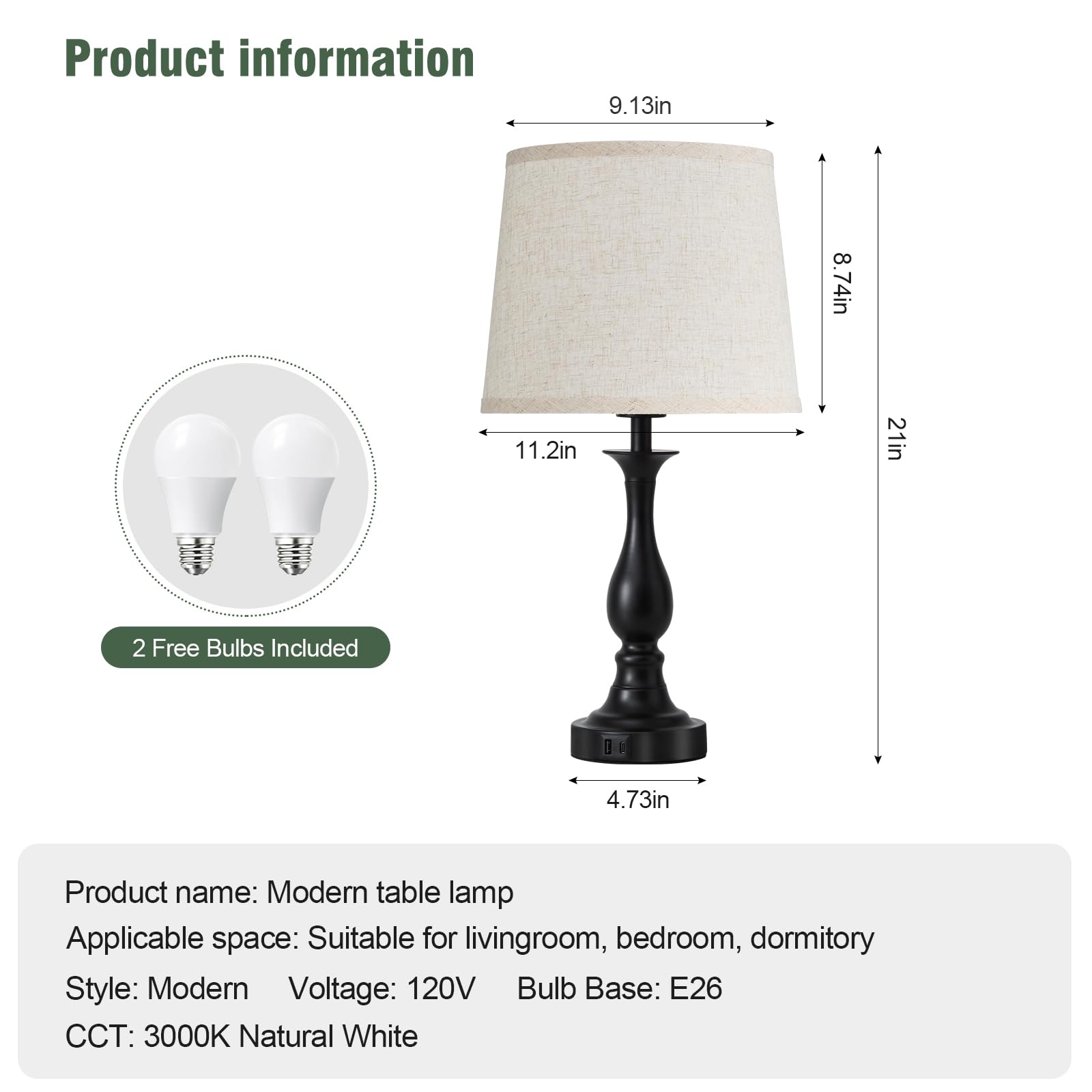 Bedside Table Lamp Touch Control Bedroom Lamps with USB A and C Charging Port 3 Way Dimmable Touch Lamps for Nightstand Living Room Bedroom Dorm Home Office Reading, Set of 2
