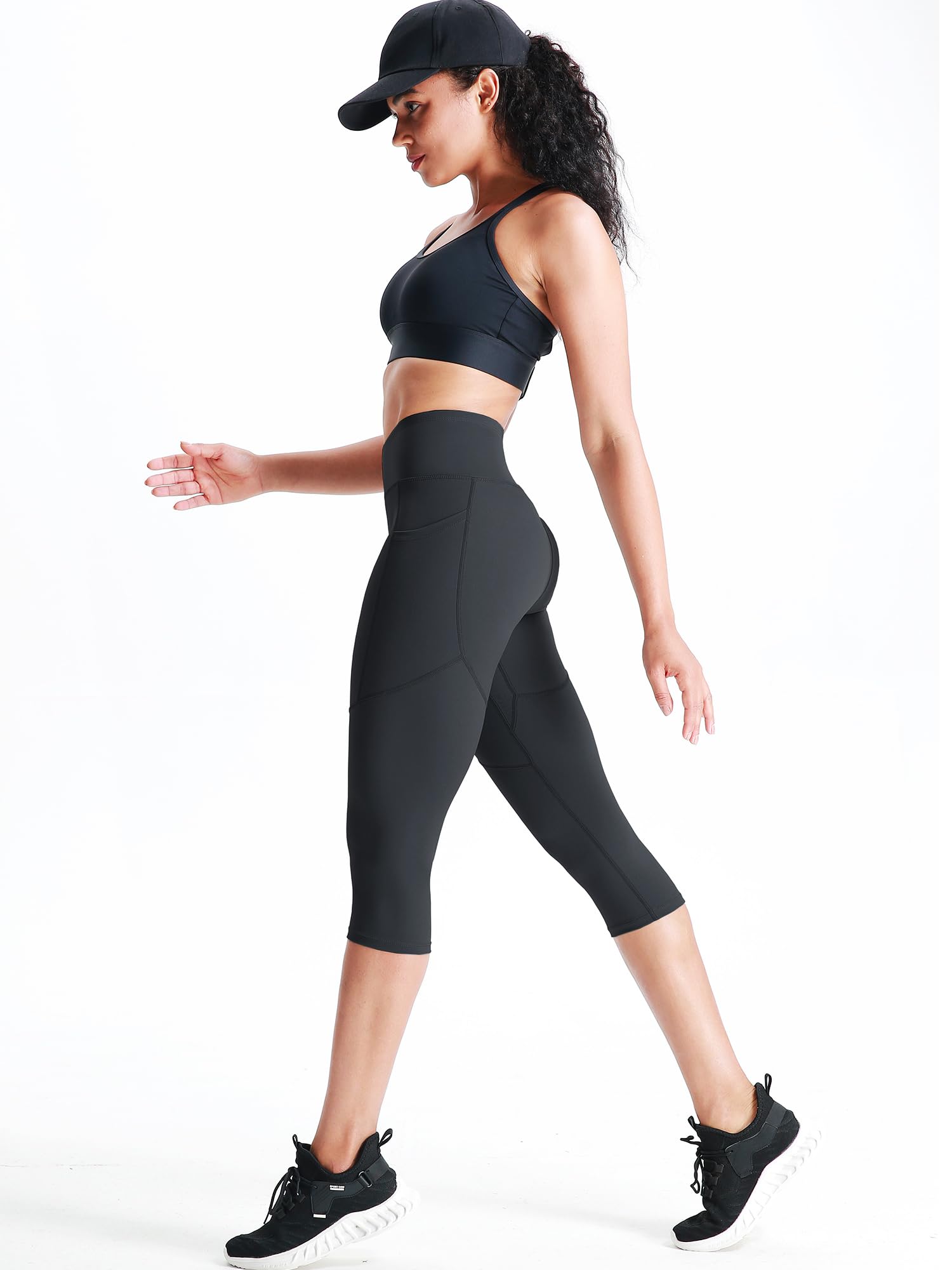 CADMUS Womens High Waist Workout Legging Capris for Yoga w Side Pockets