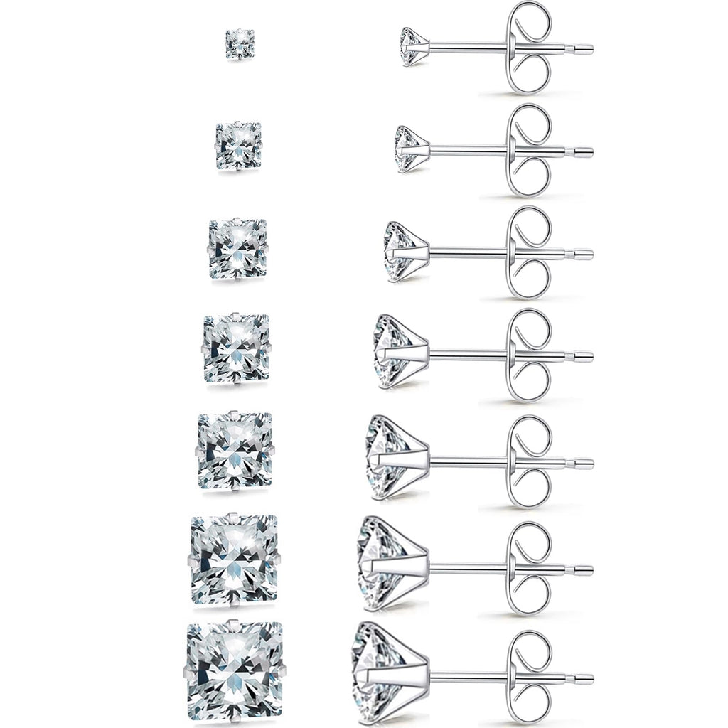 Silver Gold Black Stud Earrings Set 7Pairs Hypoallergenic Cubic Zirconia Titanium Stainless Steel Silver Rose Gold Black CZ Cartilage Stud Earrings Jewelry Sets for Women Men, 2-8mm CZ Stud Earrings
